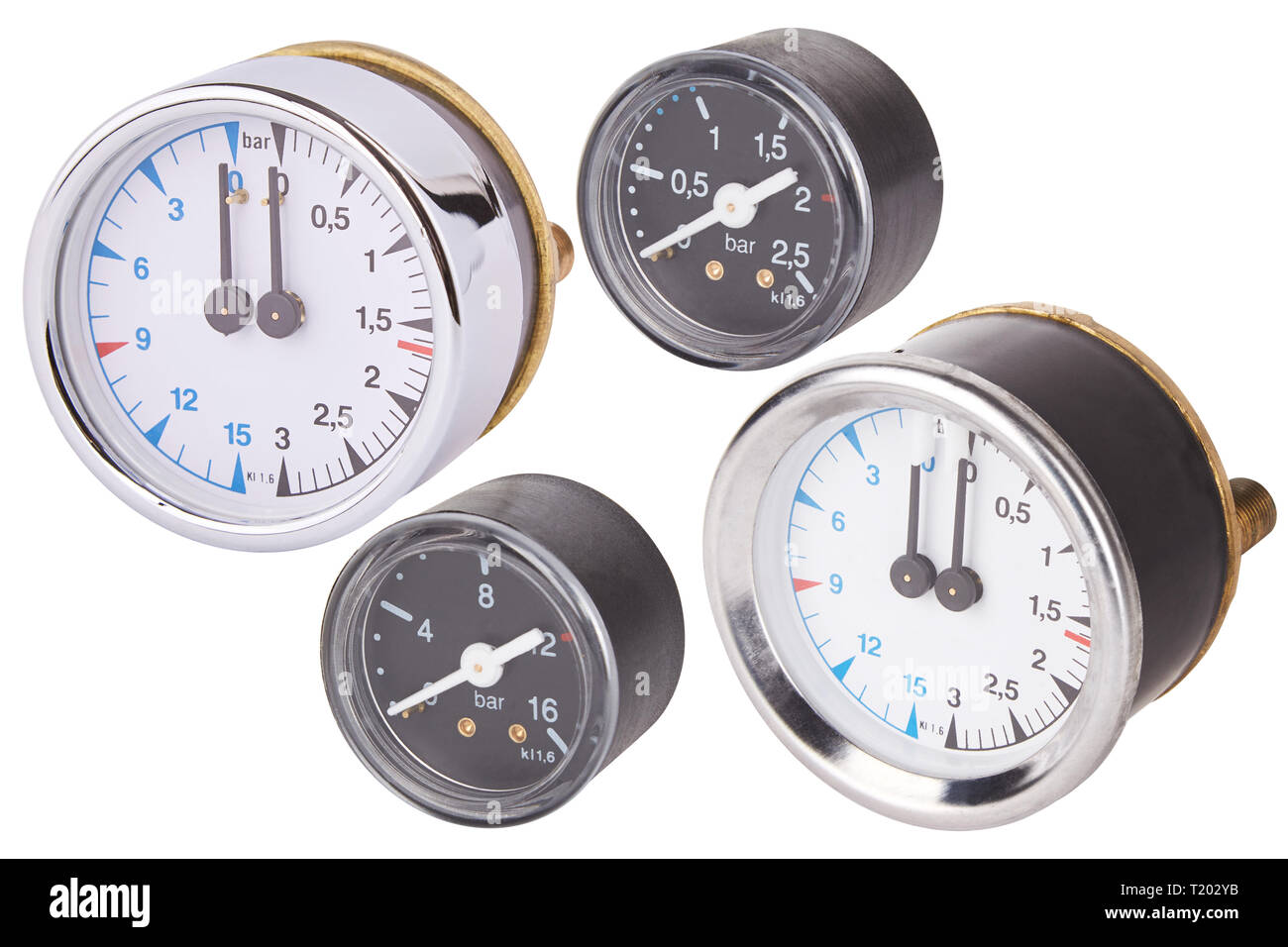 Satz von Manometern. Messgerät. Auf weiß isoliert. Runde Manometer mit Metallrahmen Stockfoto