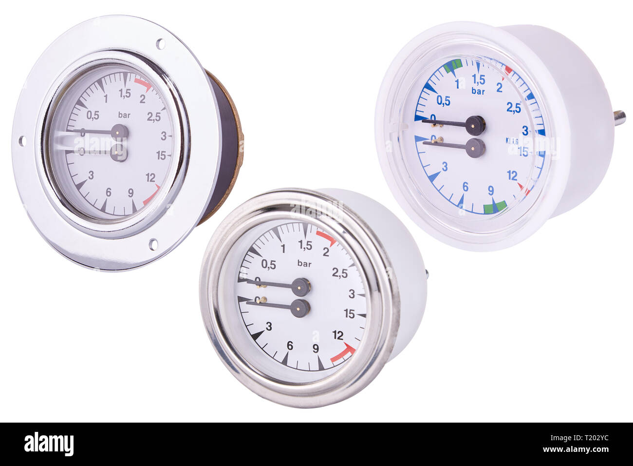 Satz von Manometern. Messgerät. Auf weiß isoliert. Runde Manometer mit Metallrahmen Stockfoto