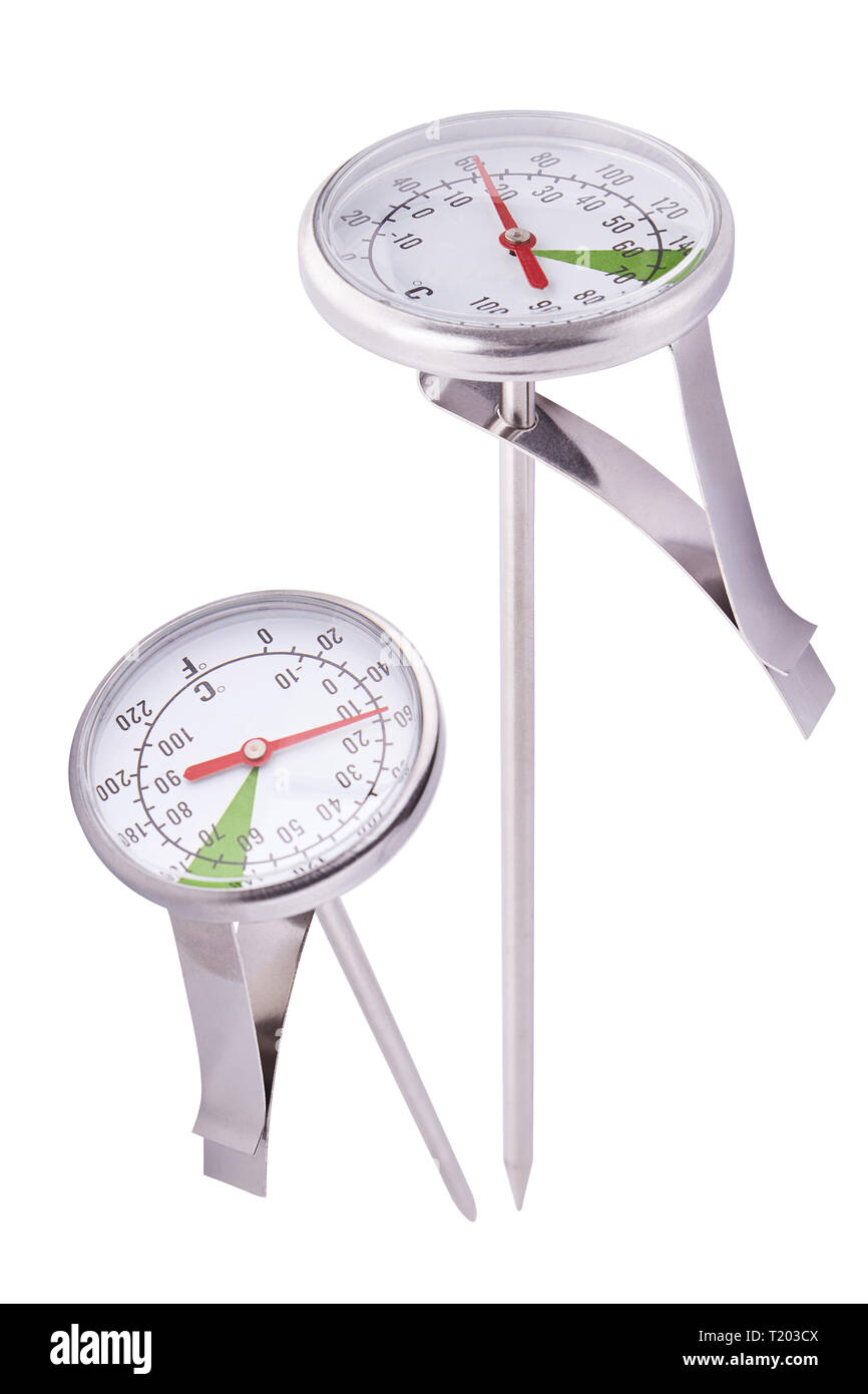 Barista Thermometer mit Metallclip. Messung der Milch Zubehör. Barista Kit. Auf weissem Hintergrund. Stockfoto