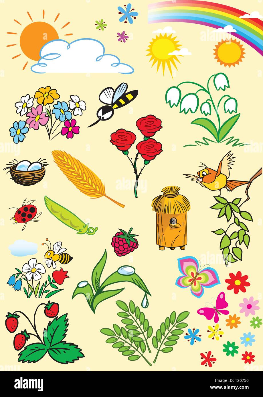Die Abbildung zeigt eine Reihe von Cartoon Cliparts, Symbol für die Sommersaison. Abbildung auf separaten Ebenen getan. Stock Vektor