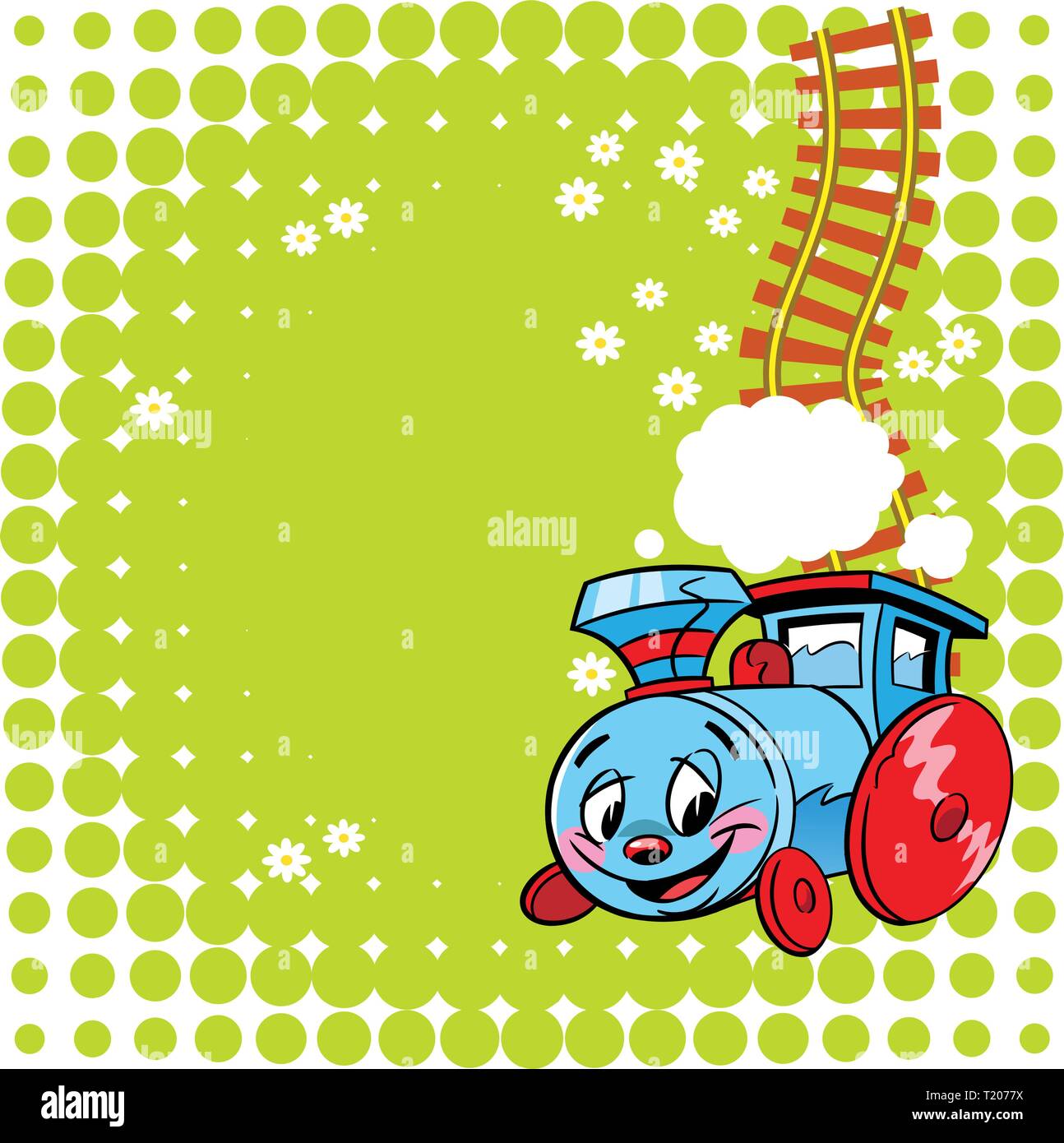 Die Abbildung zeigt ein lustiges Spielzeug Lokomotive auf einen grünen Hintergrund. Abbildung im Cartoon Stil der Kinder getan. Es ist ein Ort für Text, auf Stock Vektor