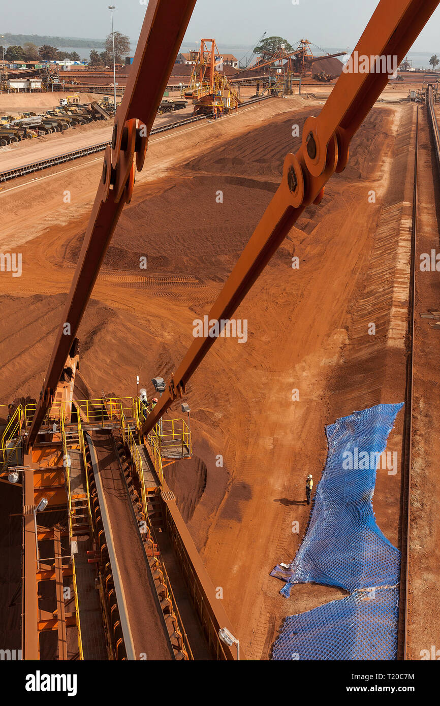 Port Operations für den Transport von Eisenerz. Von der Schaufel reclaimmer Stapler reclaiming Stückerz zu Vorräte mit anderen Stacker hinter sich. Stockfoto