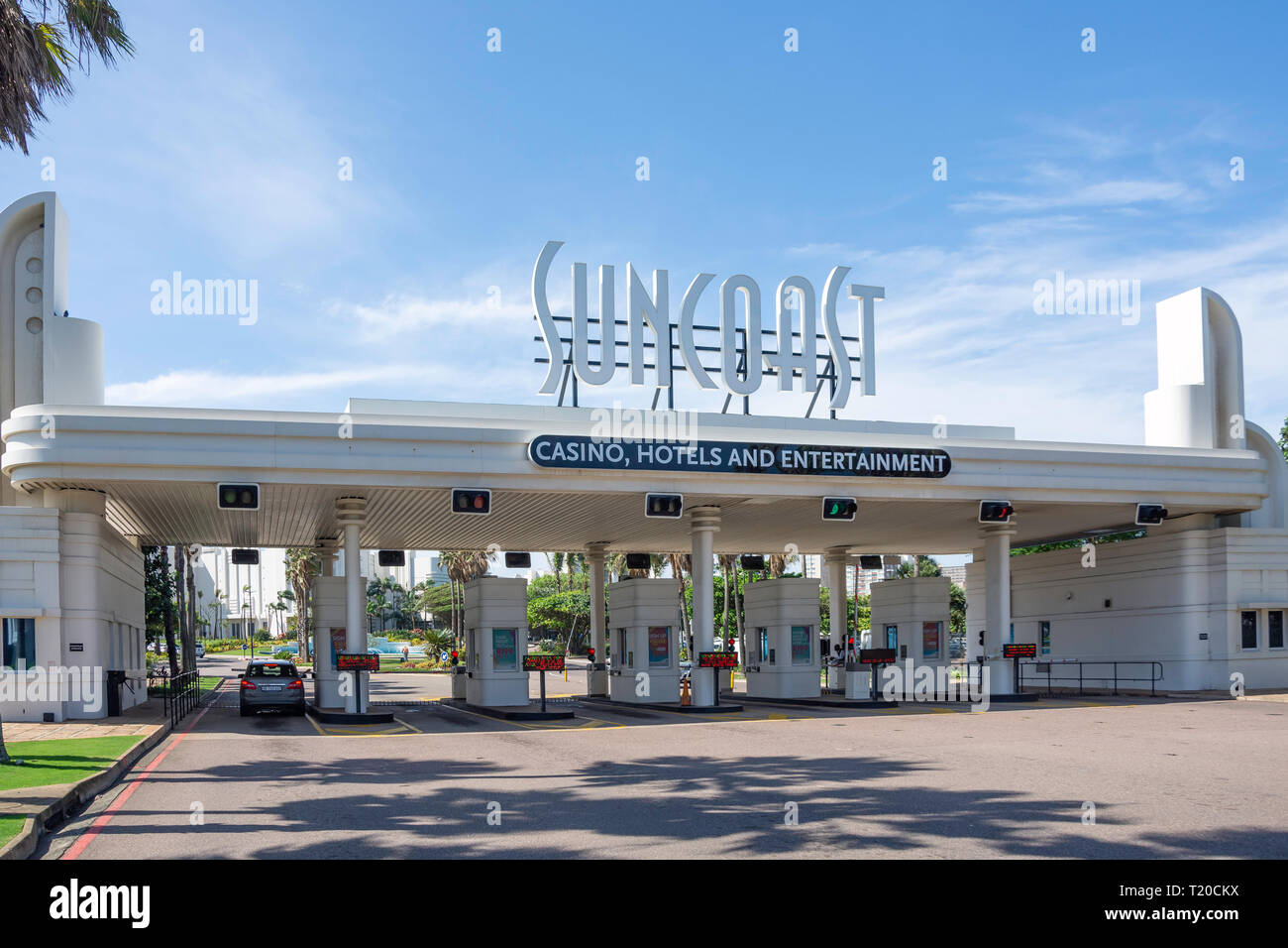 Art déco-Toren zu Suncoast Casino und Unterhaltung Welt, Suncoast Boulevard, Durban, KwaZulu-Natal, Südafrika Stockfoto