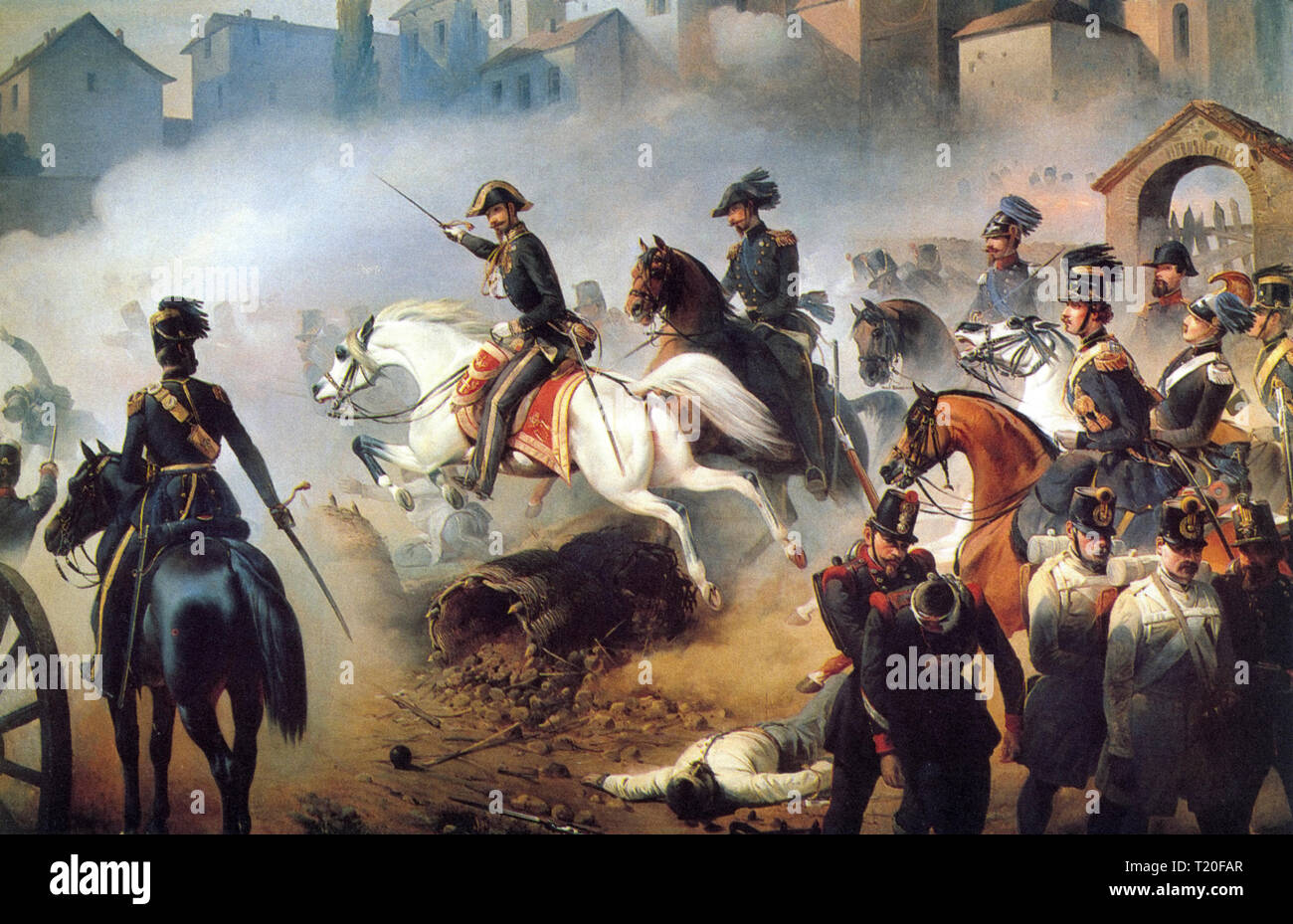 Die Schlacht von pastrengo ist eine Folge des ersten Krieges der Unabhängigkeit. Es fand am 30. April 1848, als der König von Sardinien, Carlo Alberto, der 2. Armee Korps von seine Armee gegen die Österreicher von General Josef Radetzky, am rechten Ufer der Etsch in der Nähe von Pastrengo gehalten gesendet, nördlich von Verona. Stockfoto