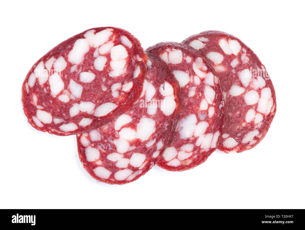 Geschnittene Salami Wurst isoliert auf weiss Stockfoto