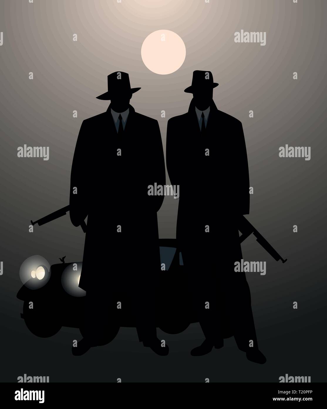 Silhouetten von zwei Männern, die mit Maschinengewehr und retro Auto unter dem Mond im Hintergrund Stock Vektor