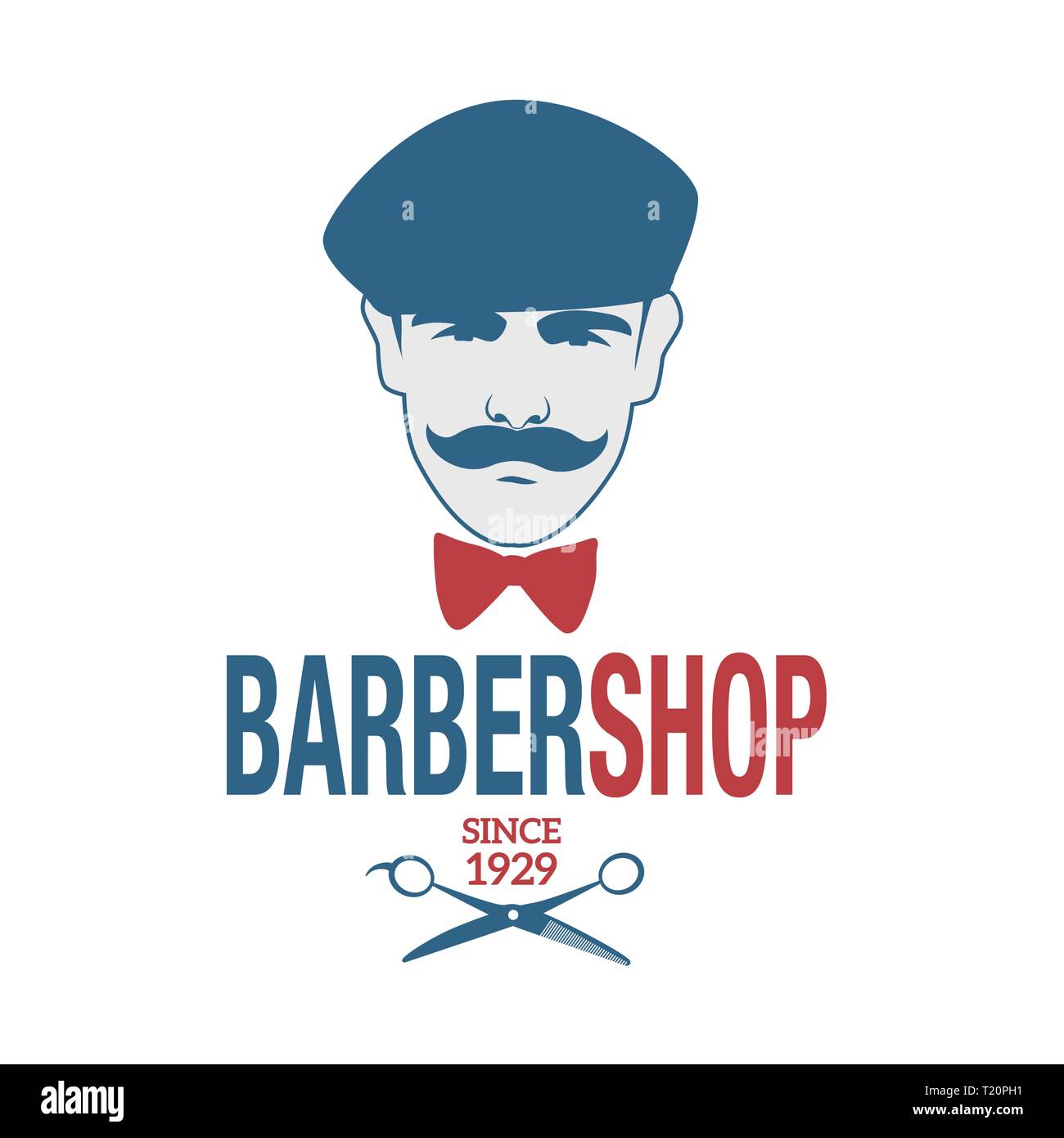 Retro Style Friseur Emblem, ein Mann mit einem Schnurrbart, Baskenmütze und Fliege. Friseurscheren Symbol Stock Vektor