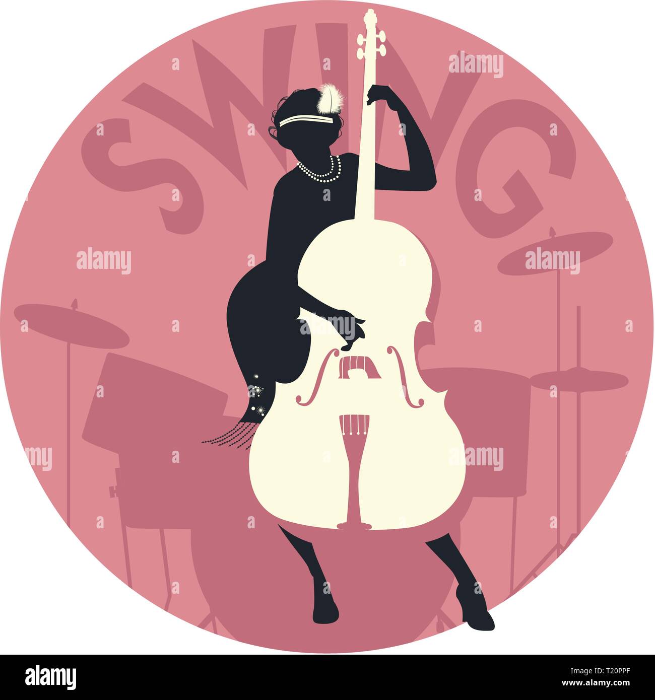 Musikalischer Stil. Schwingen. Silhouette von Flapper Girl Spielt Kontrabass und Schlagzeug im Hintergrund Stock Vektor