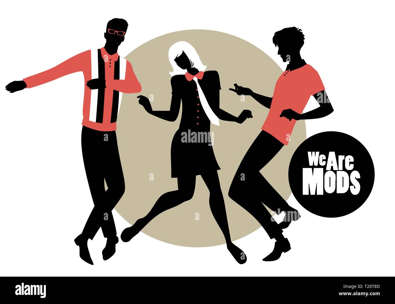 Wir sind Mods. Silhouetten der beiden Jungs und Mädchen mit retro Klamotten in den 1960er Mod Stil tanzen Northern Soul Stock Vektor