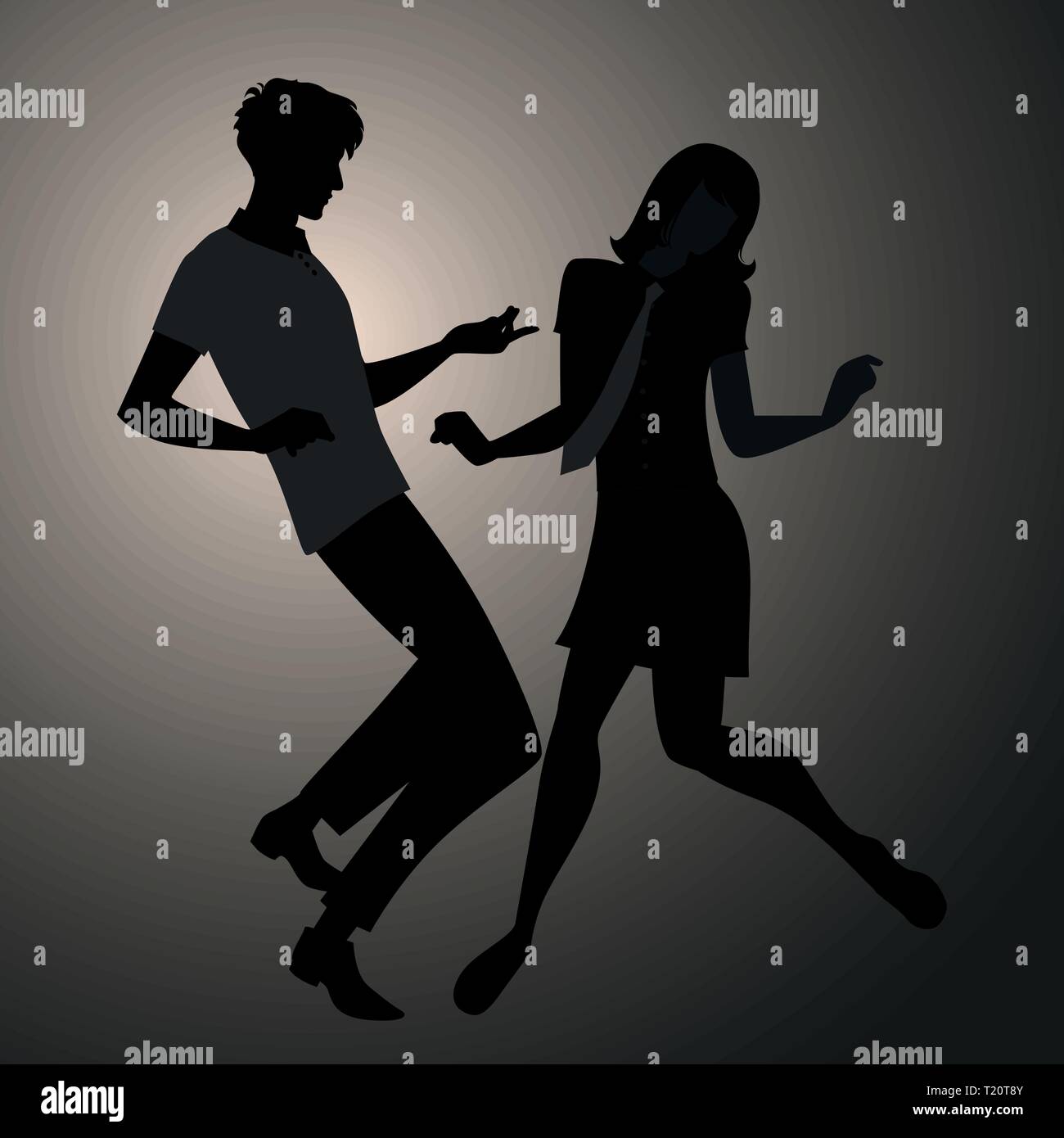 Wir sind Mods. Silhouetten von Paar tragen retro Klamotten in den 1960er Mod Stil tanzen Stock Vektor