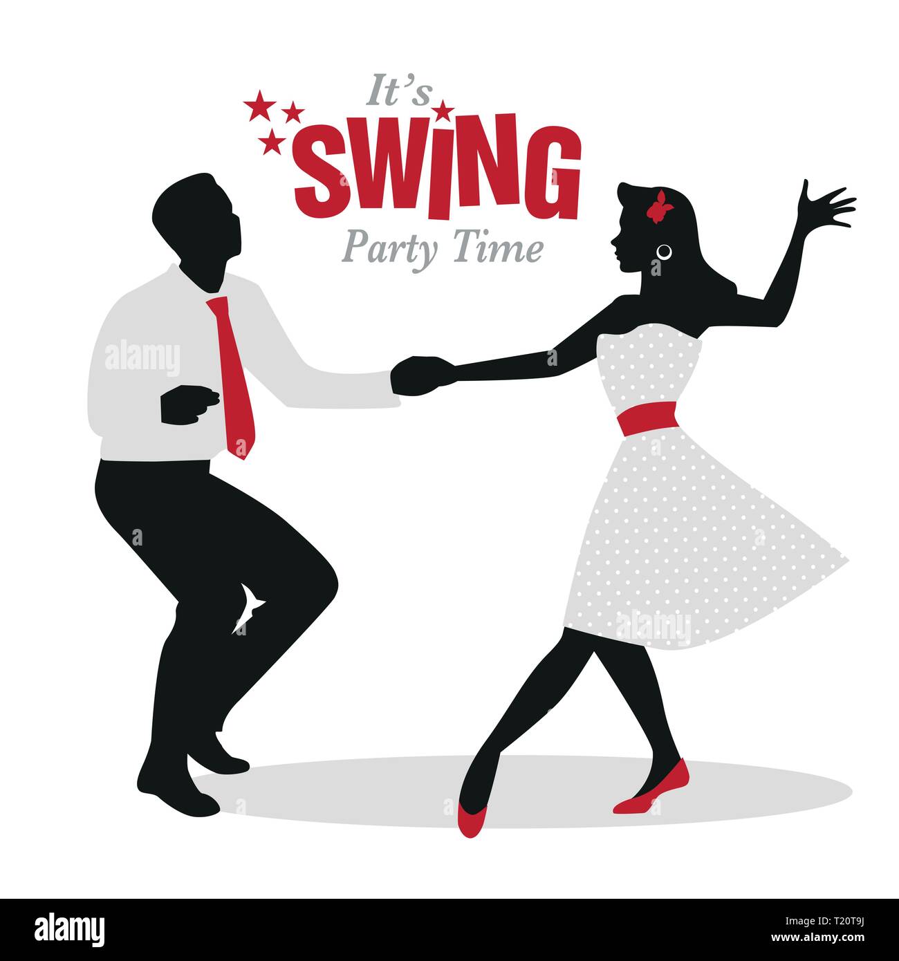 Swing Party Time: Silhouetten von Junges Paar Tragen retro Kleidung tanzen Swing oder Lindy Hop Stock Vektor