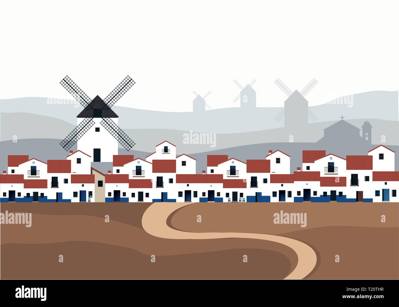 Typisch spanischen Dorfes (La Mancha) mit Windmühlen im Hintergrund Landschaft. Straße auf dem Boden im Vordergrund. Stock Vektor