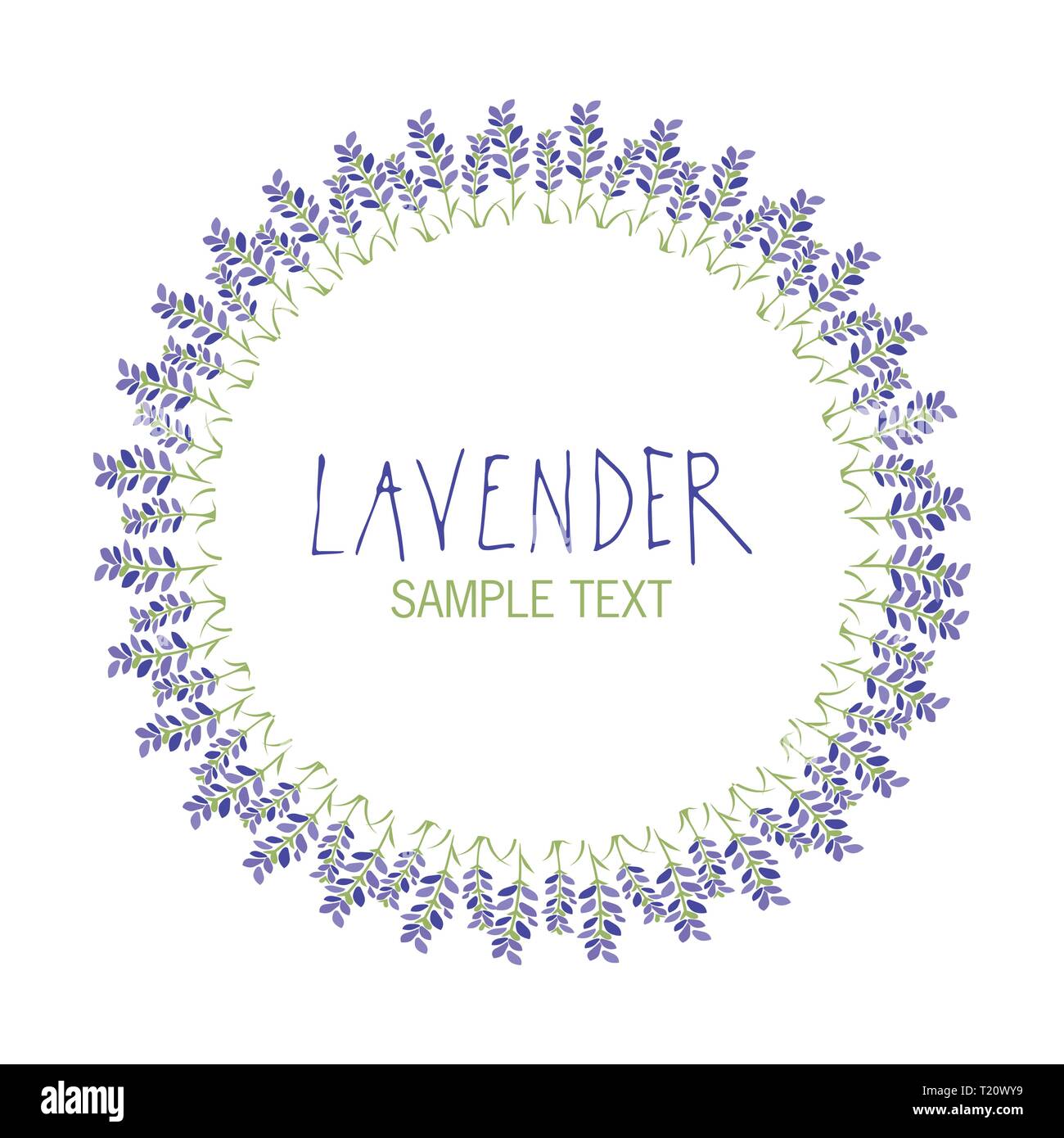 Lavendel Blume Kranz. Logo Design. Text von Hand gezeichnet. Stock Vektor