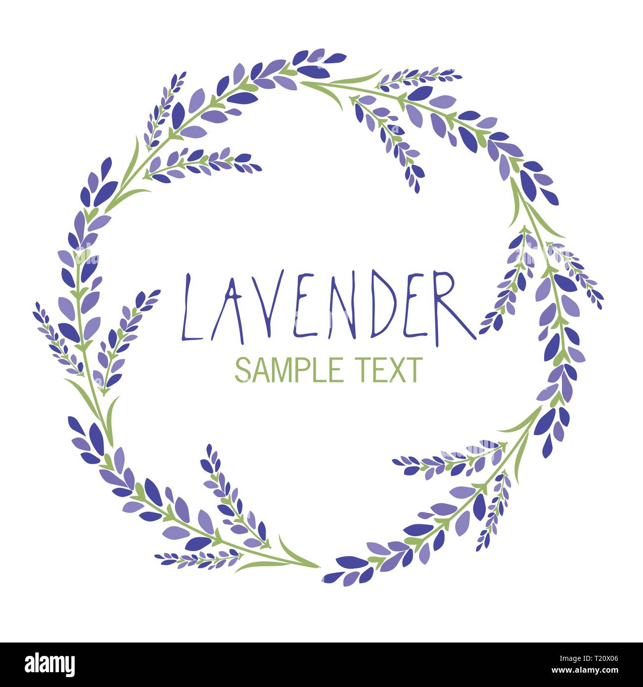 Lavendel Blume Kranz. Logo Design. Text von Hand gezeichnet. Stock Vektor