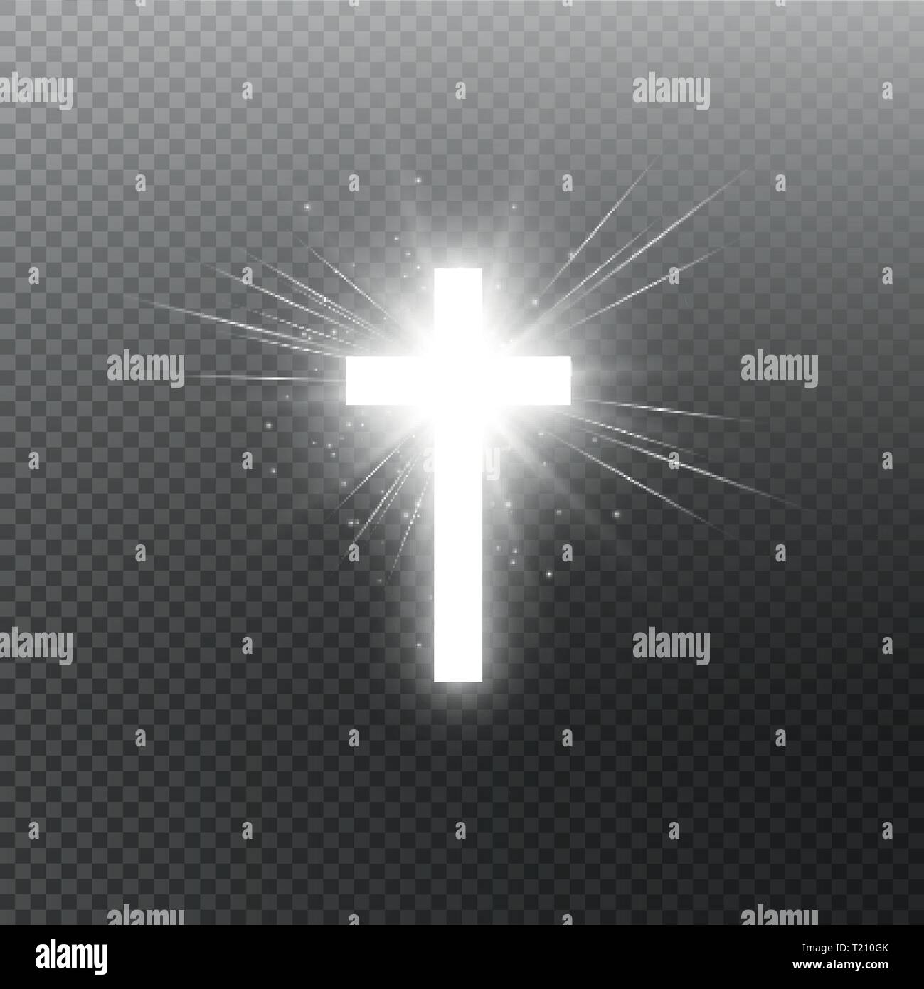 Leuchtend weissen Kreuz und Sonnenlicht besondere lens flare Lichteffekt auf transparenten Hintergrund. Glühende Hl. Kreuz. Vector Illustration Stock Vektor