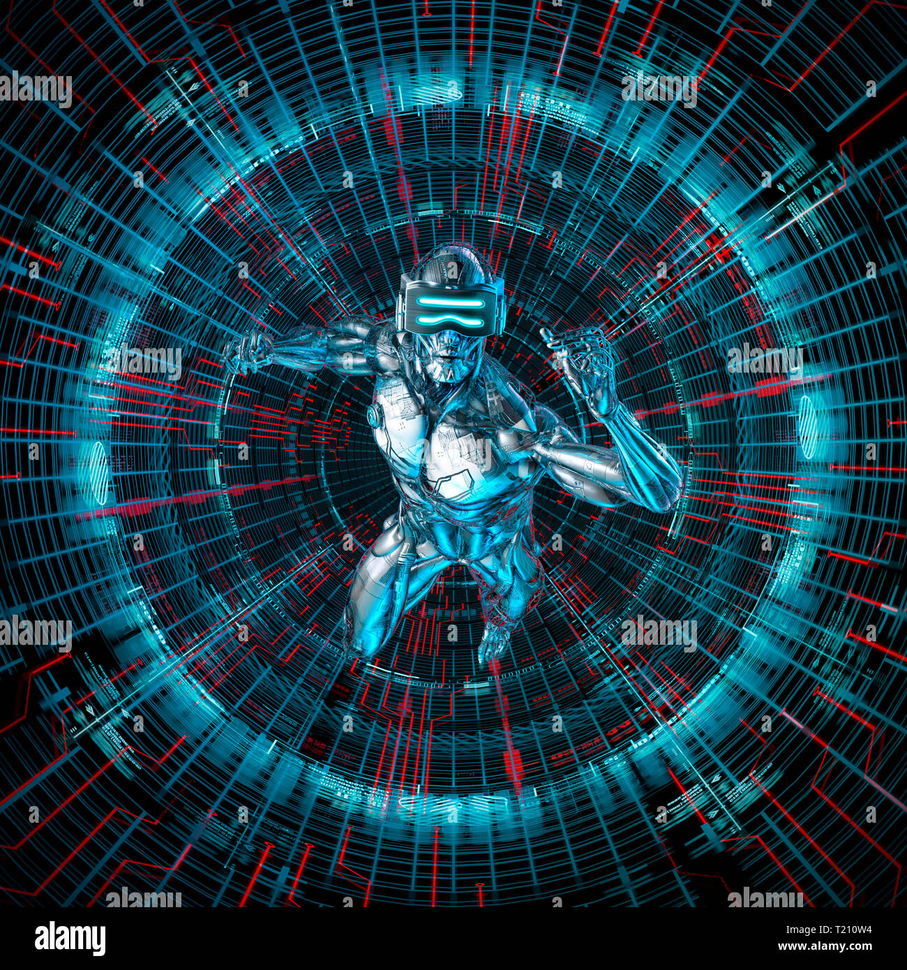 Digitale Deep Dive/3D-Darstellung der Science Fiction männlichen Humanoiden android Eingabe virtuelle Realität Matrix Stockfoto