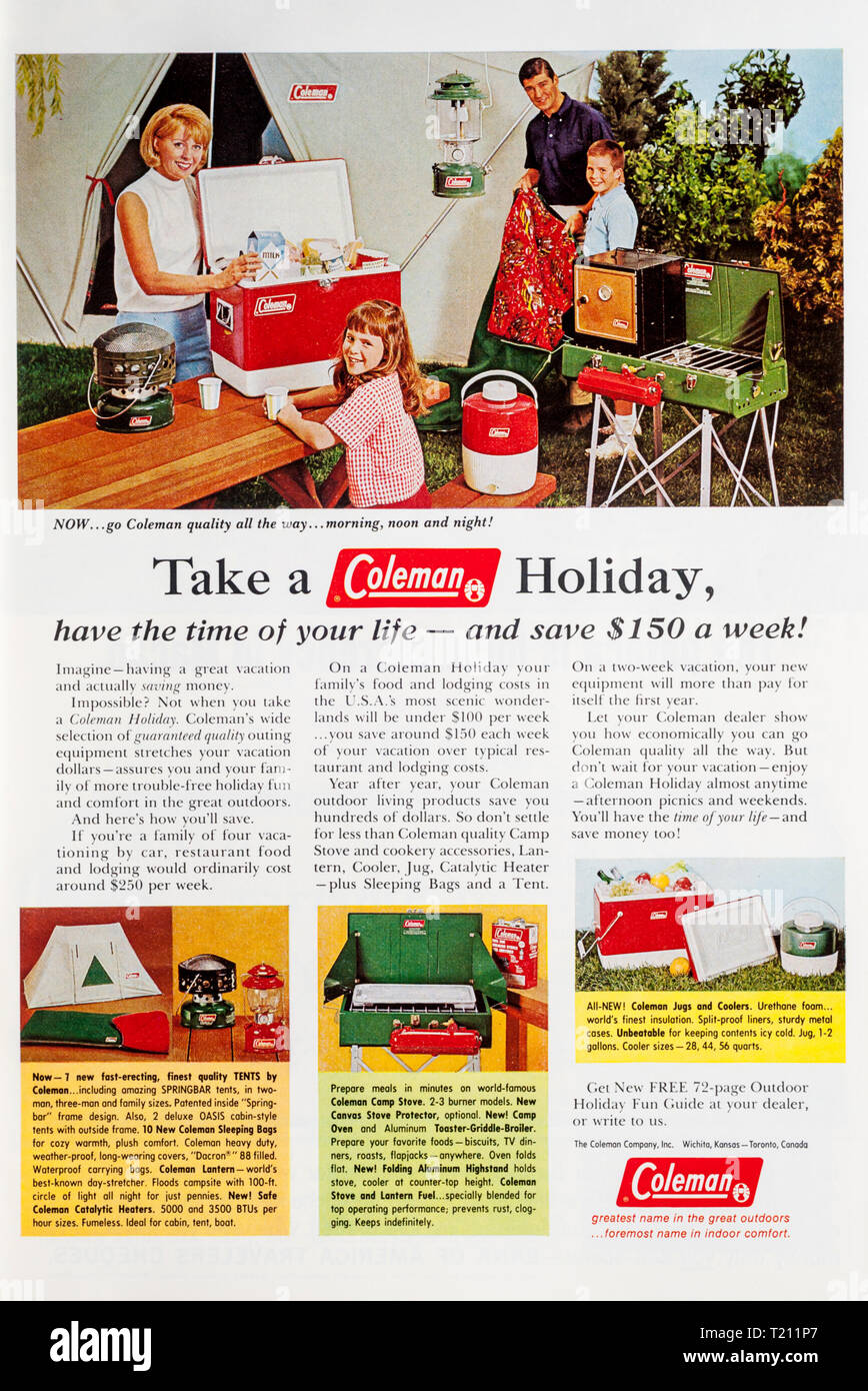 1966 Magazin Werbeanzeige Werbung Coleman Camping Ausrüstung. Stockfoto
