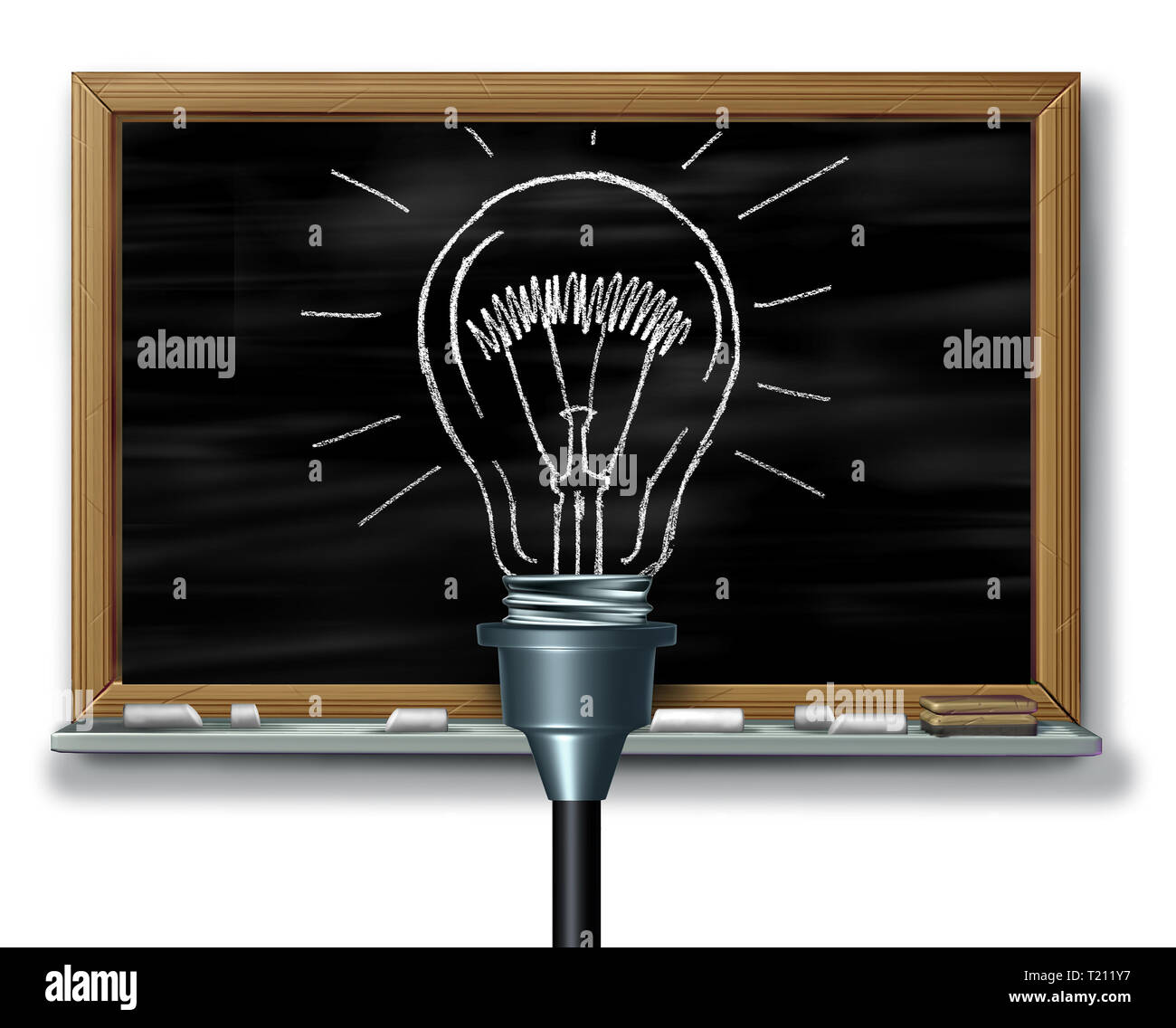 Innovative Idee und kreative Lösungen auf einer Tafel in der Schule als 3D-Darstellung. Stockfoto