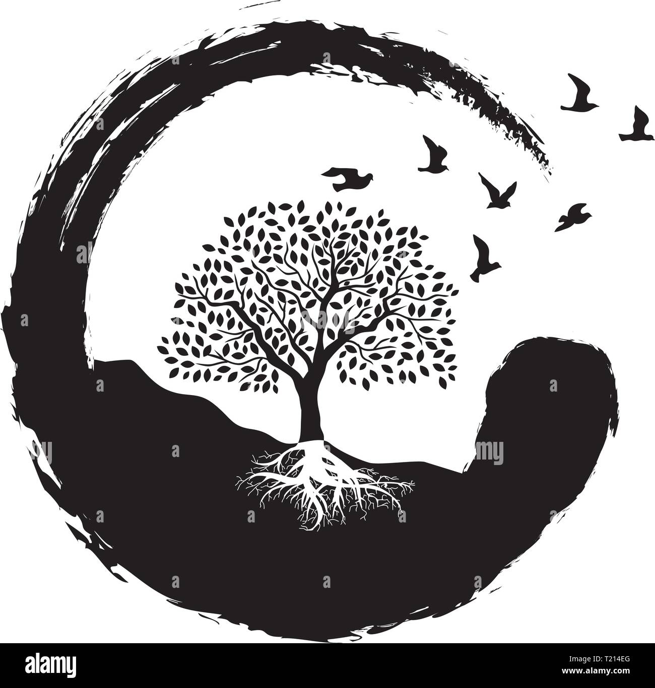 Baum, Vögel und Zen Symbol Stock Vektor