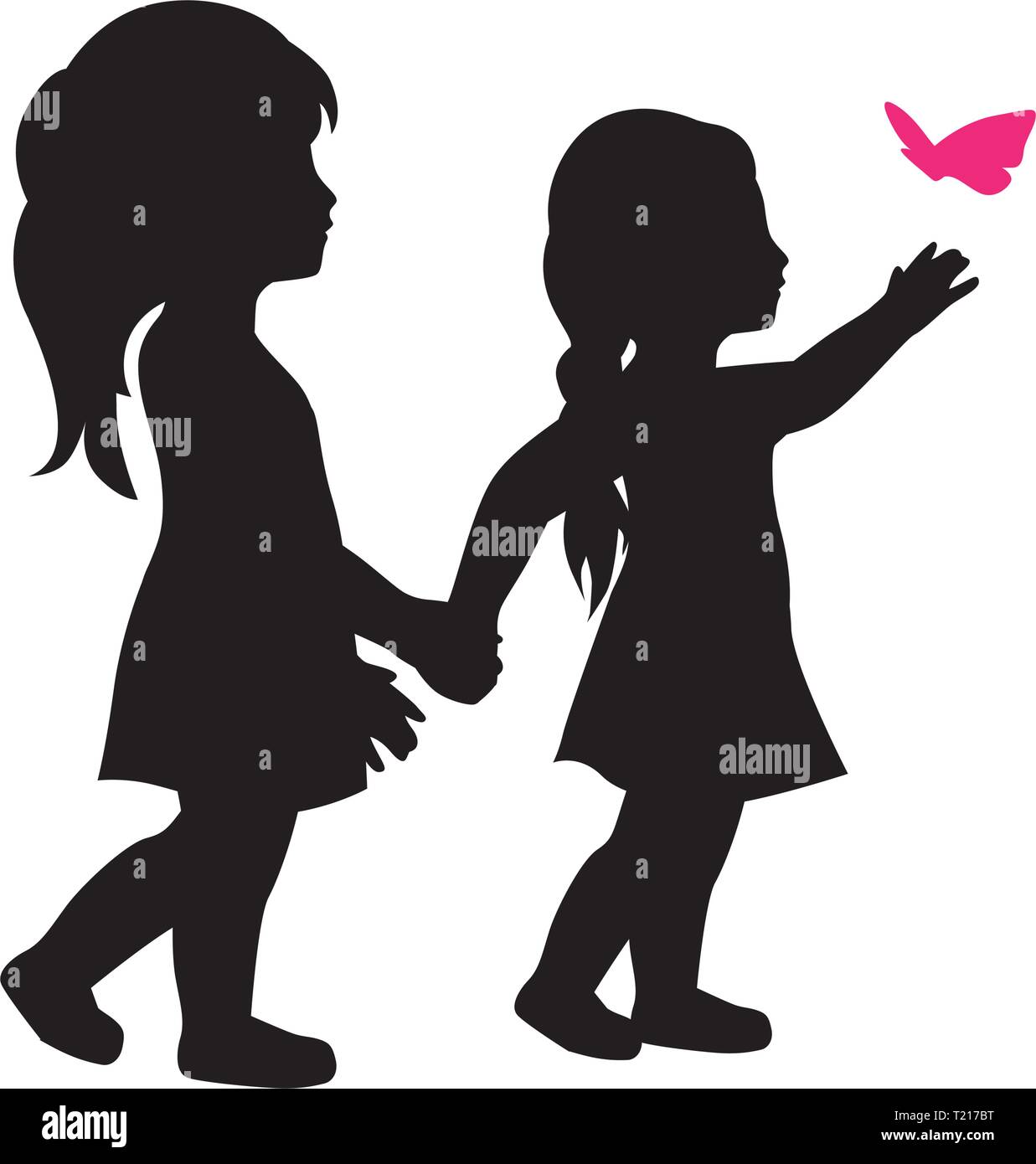 Zwei kleine Mädchen und rosa Schmetterling Stock Vektor