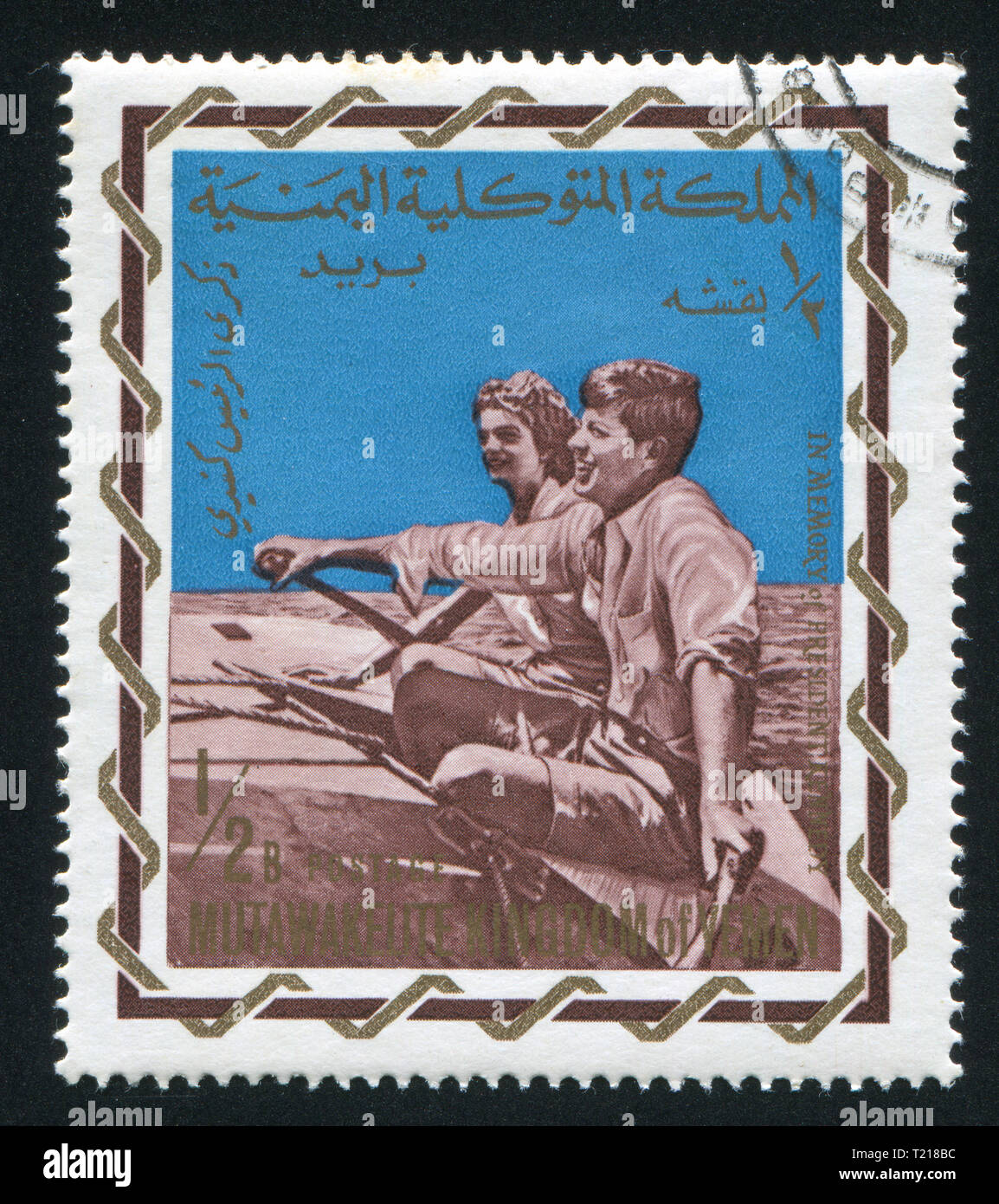 Jemen - ca. 1968: Briefmarke von Jemen gedruckt, zeigt John Kennedy und Frau, ca. 1968 Stockfoto