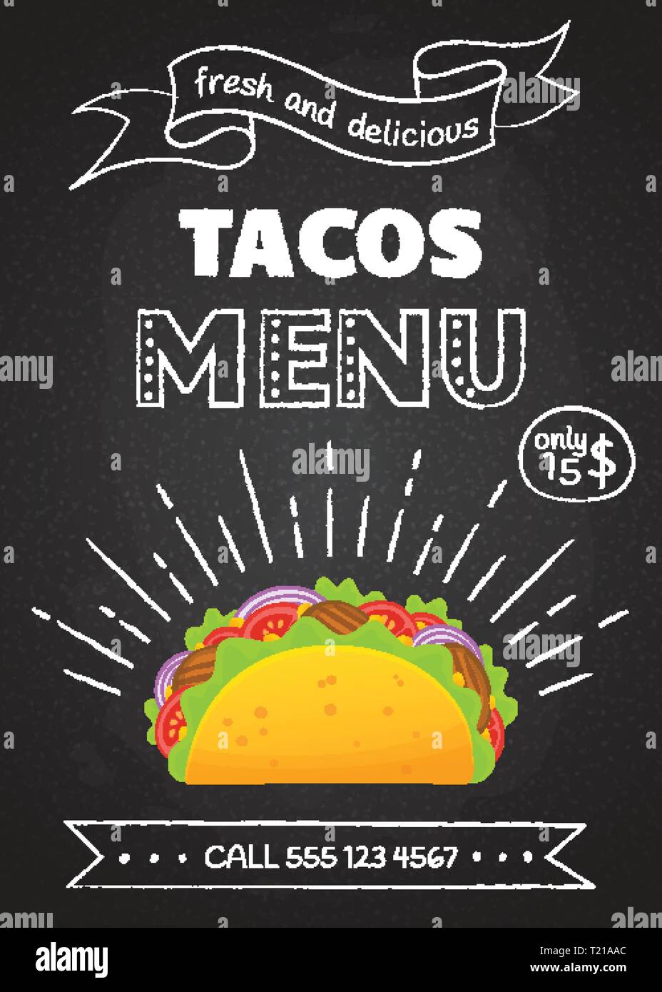 Traditionelle mexikanische Tacos fast food Menü Vector Illustration. Vintage chalk Hand zeichnen Dekoration mit lecker Rindfleisch Fleisch, Salat und Tomaten in leckeren Taco mit Zeichen Tacos Menü für Cafe Design oder Party. Stock Vektor