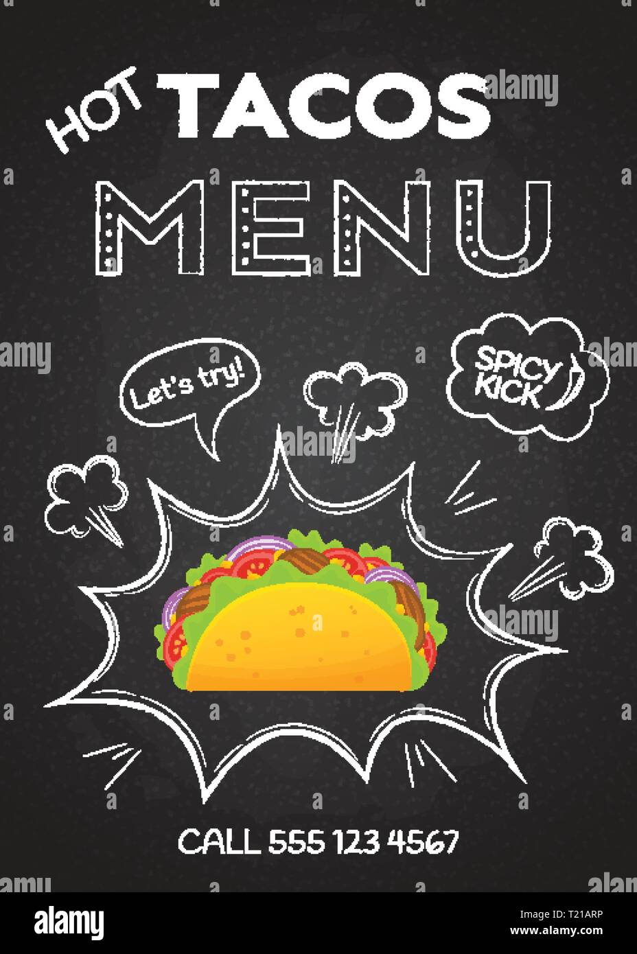 Mexikanische Küche essen Tacos Menü Vector Illustration. Bunte Fleisch taco Grafik mit Chalk Stil Hand gezeichnet Pop Art Dekoration auf Tafel mit heißem Tacos Speisekarte essen banner Vorlage Stock Vektor