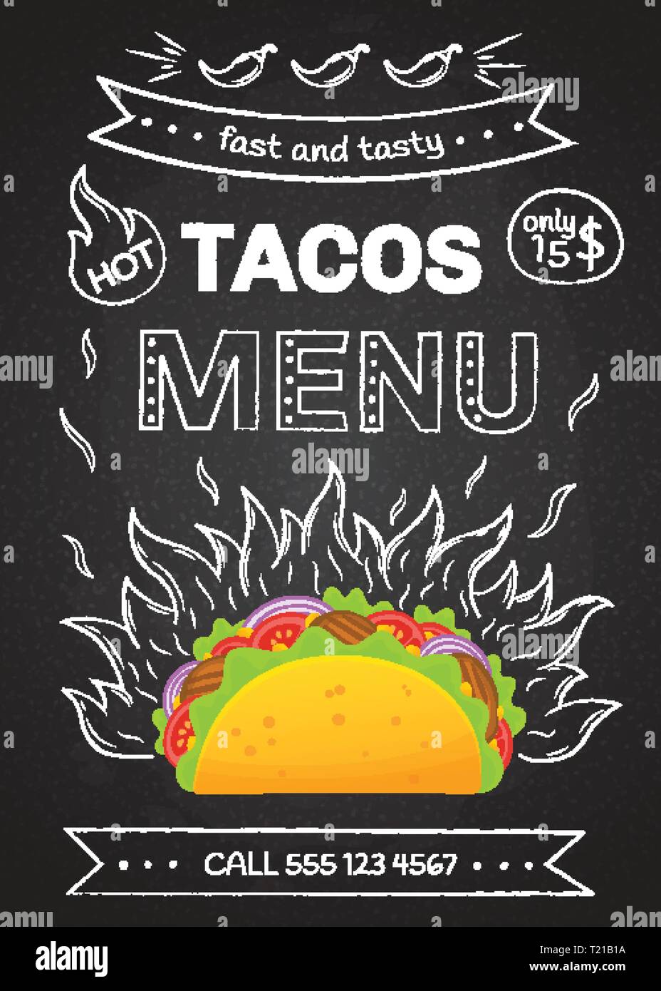 Mexikanische Küche fastfood Tacos Menü Vector Illustration. Retro Flamme chalk Hand zeichnen Design mit lecker Rindfleisch Fleisch, Salat und Tomaten in leckeren Taco mit Zeichen heißen Tacos Menü für Cafe Design oder Party. Stock Vektor