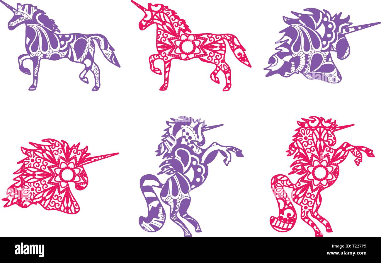 Satz von sechs Einhörner in Mandala Stil Stock Vektor