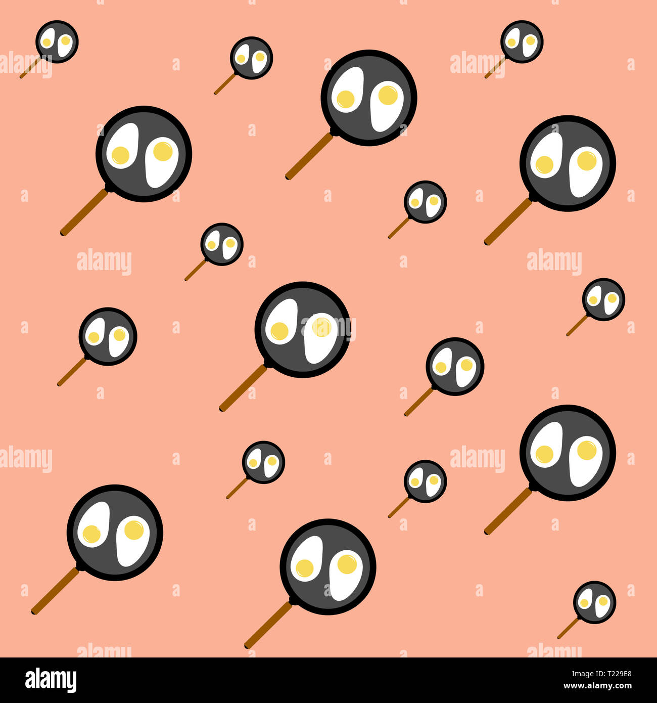 Viele Pfannen mit Spiegeleier auf orangem Hintergrund. Kreative Küche Abbildung: Spiegelei in der Pfanne. Stockfoto