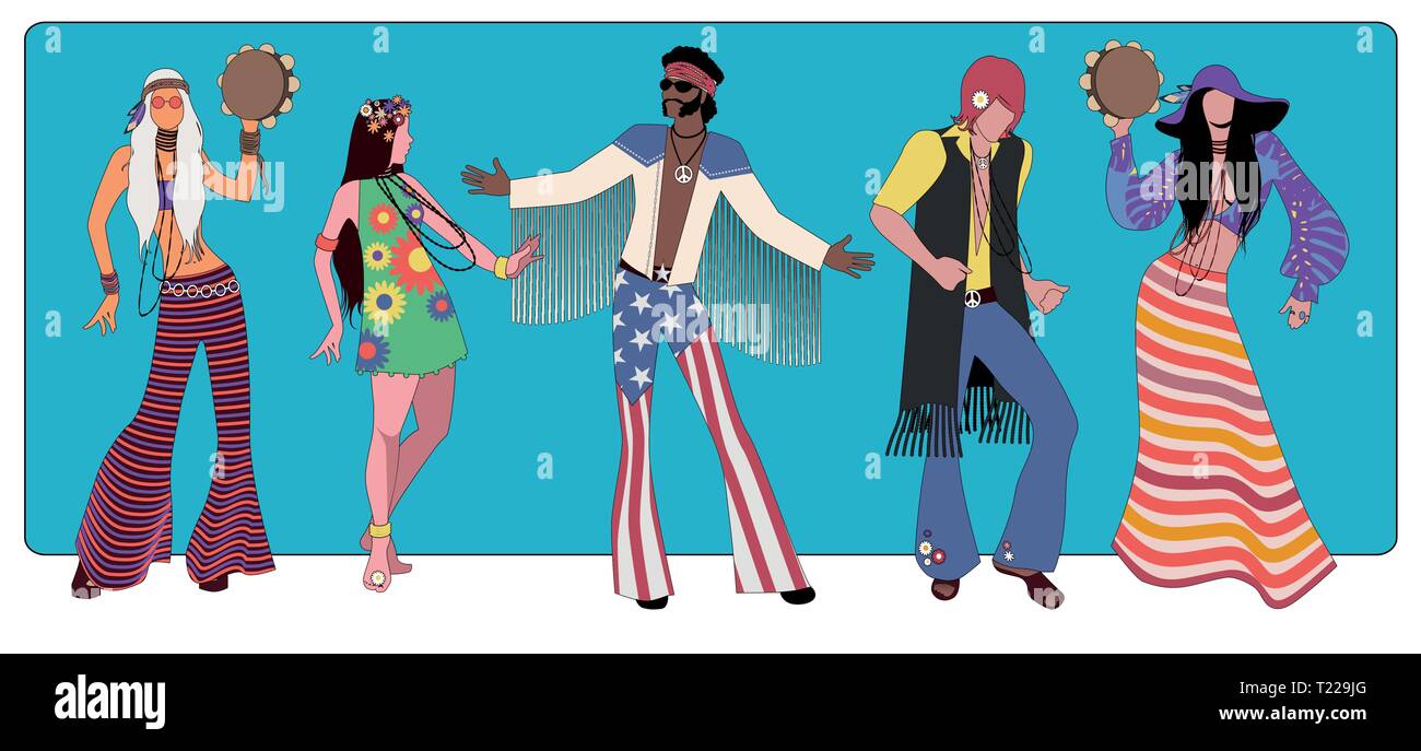 Gruppe von fünf tragen hippie Kleidung der 60er und 70er Jahren tanzen  Stock-Vektorgrafik - Alamy