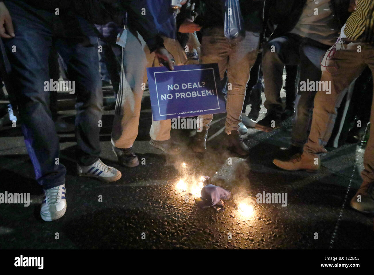 Pro-Brexit Unterstützer brennen eine EU-Flagge in der Nähe von Trafalgar Square in London, vom März zu protestieren. Stockfoto