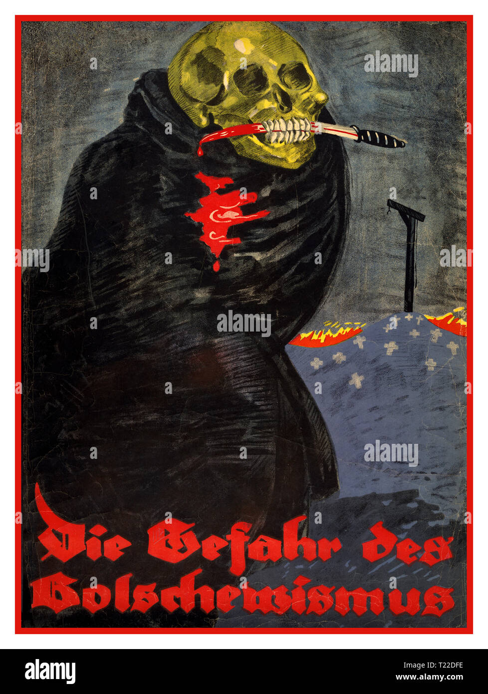 Jahrgang gegen den Bolschewismus Deutsche WW1 1919 Propaganda Poster "die Gefahr des Bolschewismus" sterben Sicherheitstipps des Bolschewismus) von Rudi Feld Plakat zeigt ein Skelett, in einem schwarzen Umhang gehüllt, mit einem blutigen Messer in seine Zähne statt. Im Hintergrund der Berg der Kreuze auf dem ist ein Galgen. "Die Gefahr des Bolschewismus' Stockfoto