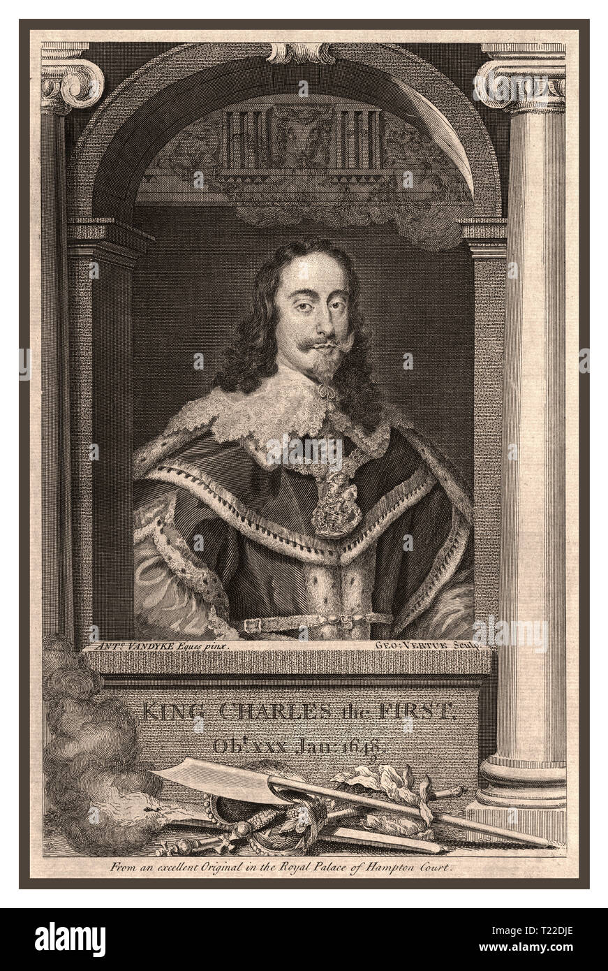 King Charles ist Vintage B&W feine Gravur von King Charles I 1648 aus einem Original von Vandyke im königlichen Palast von Hampton Court UK, „KING CHARLES THE FIRST“ vom Januar 1648 Stockfoto