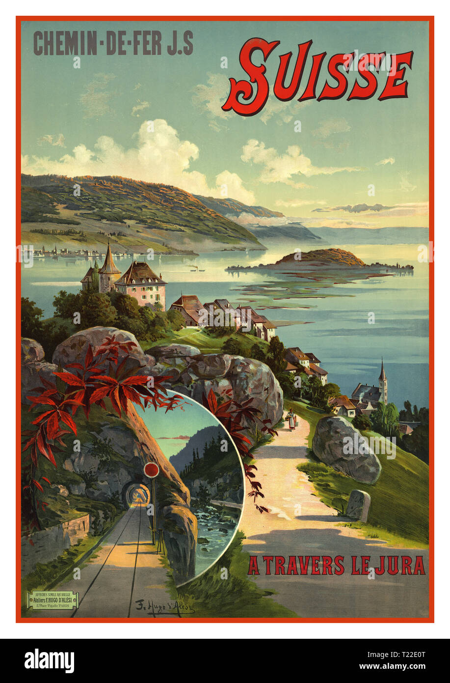 Reiseposter für die Schweiz „Chemin de Fer JS Suisse“ aus dem Jahre 1890 „A Travers le Jura“ - vom Künstler Hugo d'Alesi 1895 Stockfoto