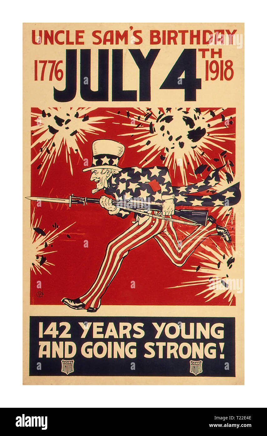 WW1 Vintage USA Poster "Uncle Sam's Geburtstag. 1776 - 4. Juli 1918. 142 Jahre jung und stark zu gehen.' Stockfoto