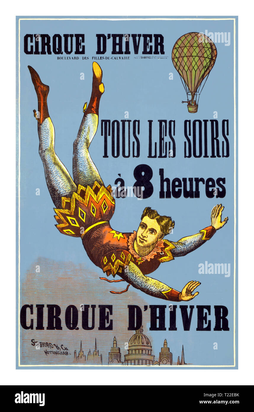 Jahrgang 1890 Circus Poster für Cirque d'Hiver (Winter Zirkus), das einen luftakrobat Floating mit Armen über die Skyline der Stadt mit einem Ballon im Hintergrund ausgestreckt. "Cirque d'Hiver, Boulevard des Filles-du-Calvaire, Paris. Tous les soirs à 8 heures (jeden Abend um 8 Uhr)." holzschnitt Farbe. Ende des 19. Jahrhunderts Poster für den Cirque d'Hiver Paris Stockfoto