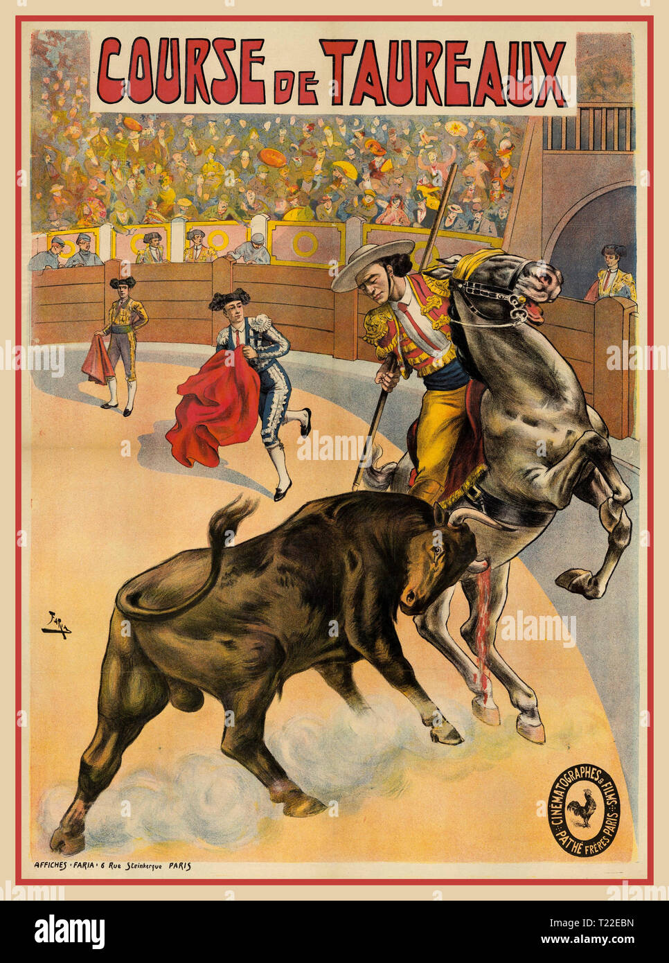 Vintage Französischer Film Plakat für Pathé Frères (Frankreich). Film: 'Kurs de Séville Taureaux à 1907 Pathé Frères Gedruckt von Atelier Faria Lithographie 1907 Frankreich Stockfoto