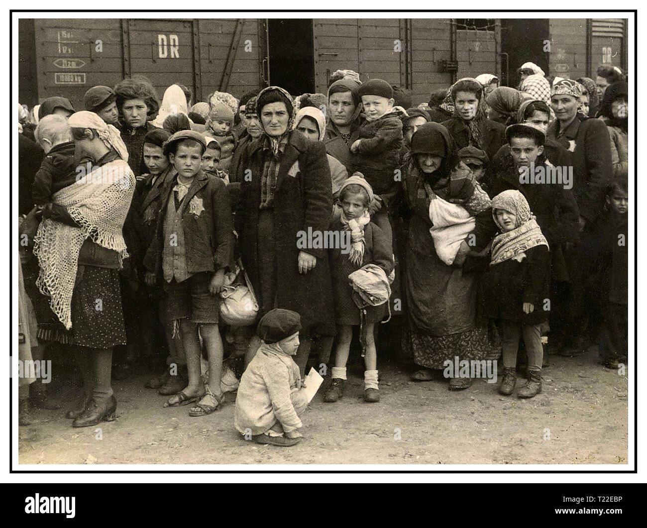 Lager Auschwitz-Birkenau Ankünfte. Poignant stark Bild von Frauen & Kinder tragen Nazi bezeichnet gelbe Sterne, die mit dem Auto anreisen, unhygienische Viehtransporter in Auschwitz-Birkenau, ein WW2 German Nazi Konzentrations- und Vernichtungslager. Jüdische Kinder wurden die größte Gruppe der Deportierten des Lagers zusammen mit Erwachsenen, Anfang 1942, als Teil der "Endlösung der Judenfrage" - die totale Vernichtung der jüdischen Bevölkerung Europas. Konzentrationslager Auschwitz wurde in ein Netzwerk von NS-Vernichtungslager des Dritten Reiches in den polnischen Gebieten betrieben im Anhang des nationalsozialistischen Deutschland während des Zweiten Weltkrieges. Stockfoto
