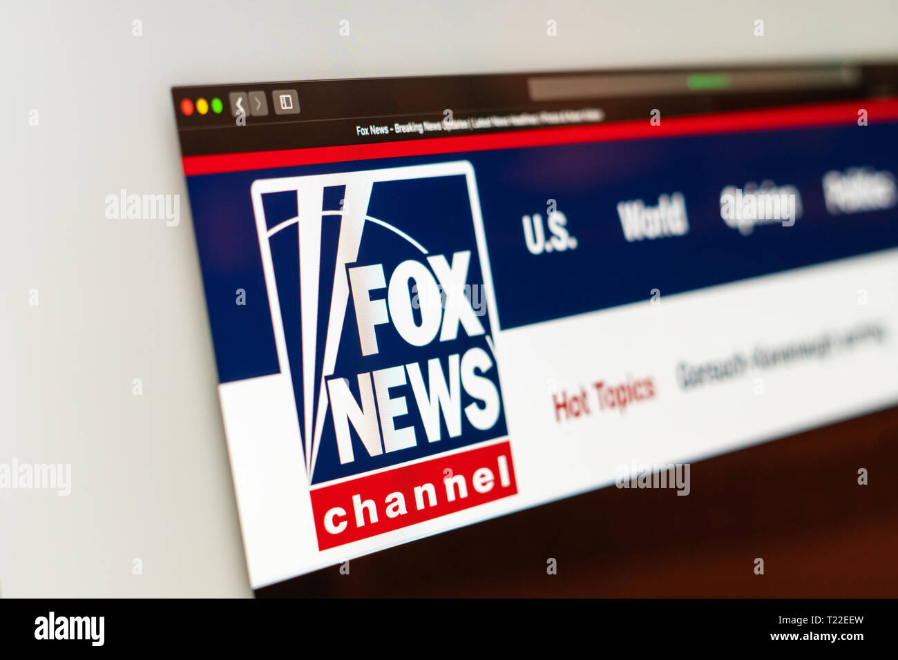 Fox News Homepage. Nahaufnahme von Fox News Channel Logo. Сan als Illustration für andere Medien verwendet werden. Stockfoto