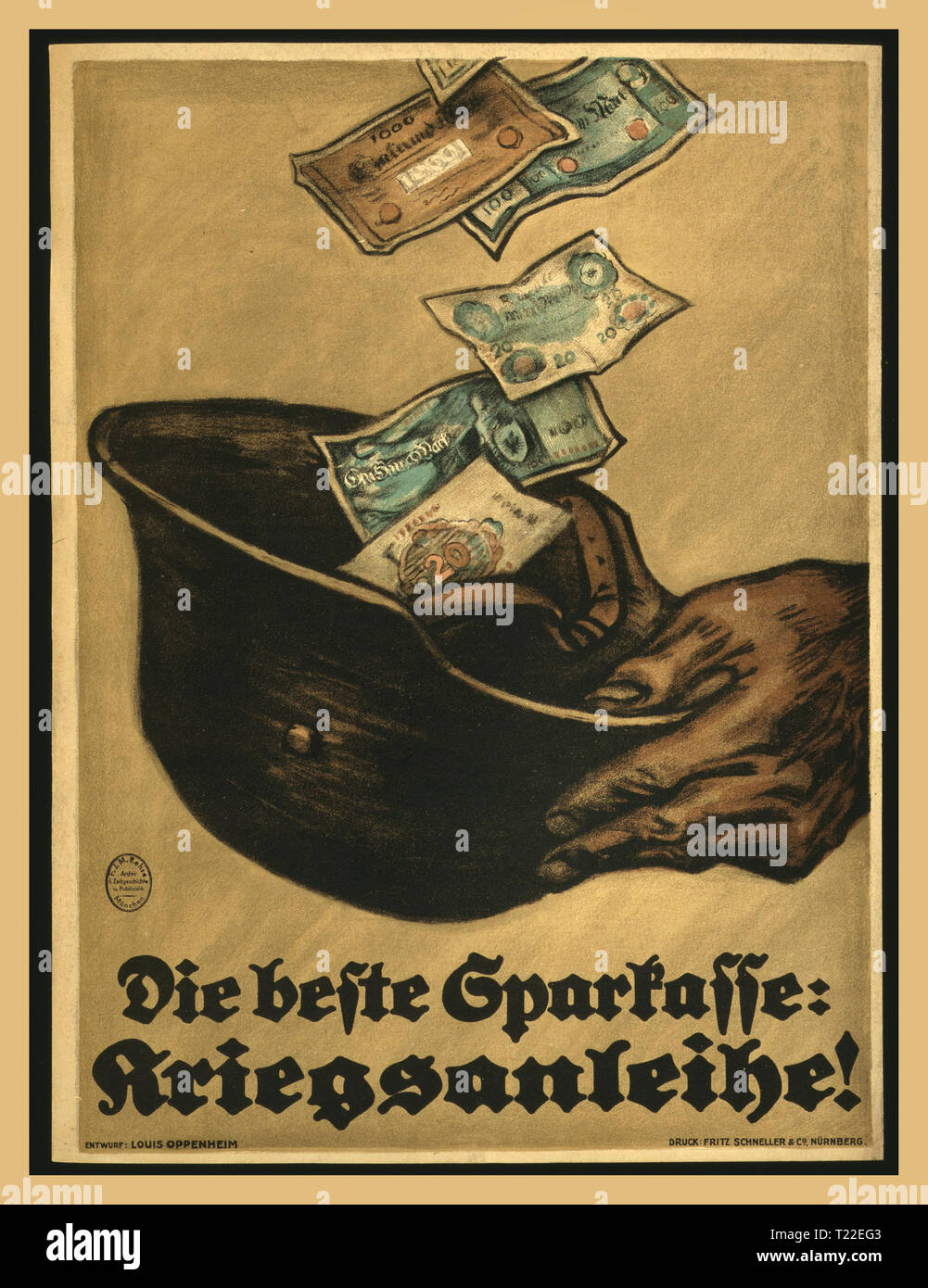 Vintage Weltkrieg 1 Deutsche Propaganda Poster' Die besten Sparkasse - der Krieg Darlehen!' 'Die beste Sparkasse: Kriegsanleihe!' 1917 Vintage WK1 Deutsche Propaganda Poster zeigt eine Hand mit Helm eines Soldaten in das Geld fällt. Stockfoto