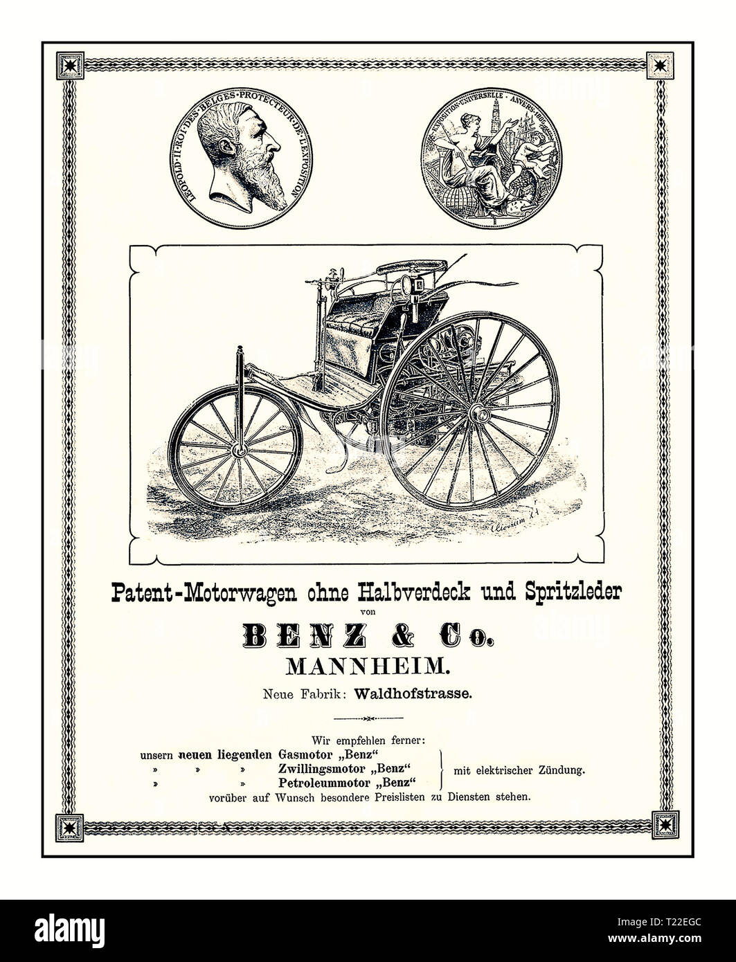 PATENT MOTORWAGEN Vintage Werbung für das erste Auto der Welt: Der Benz Patent-Motorwagen. Es wurde in insgesamt drei Varianten von 1886 bis 1894 Carl Benz Patent-Motorwagen 1886 eingeführt und in der Folge mehrere Einheiten dieses Dreirad, über 25 Fahrzeuge insgesamt gebaut. Das Modell, das ich war der ursprüngliche Patent-Motorwagen. Es kennzeichnete Speichenfelgen und eine Reihe von Design Details von Advanced zeitgenössische Fahrrad Herstellung angenommen. Der Benz Patent-Motorwagen ("Patent-motorwagen"), 1885 erbaut, ist weithin als erste Produktion Automobil der Welt angesehen. Stockfoto