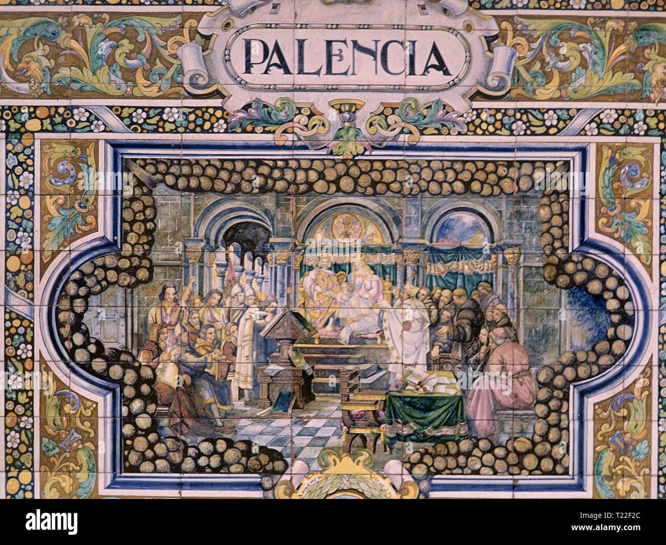 REPRESENTACION DE PALENCIA - FUNDACION DE LA UNIVERSIDAD POR Alfonso VIII EN 1208-MOSAICO DE LA PLAZA DE ESPAÑA DE SEVILLA - SIGLO XX. Ort: España. Sevilla. Sevilla. Spanien. ALFONSO VIII. von Kastilien. Stockfoto