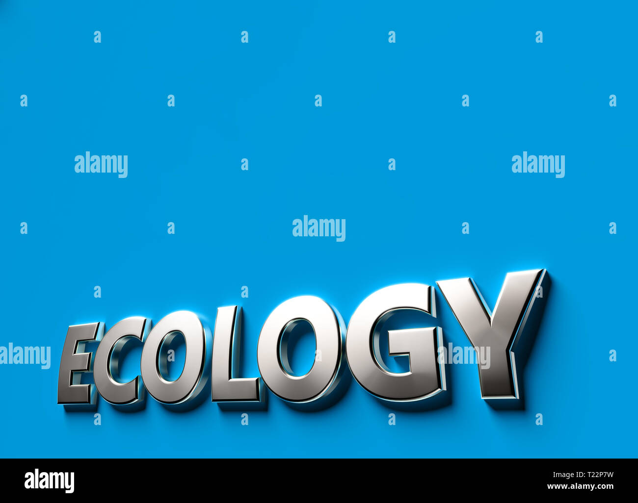 Ökologie Wort wie 3D-sign oder Logo Konzept auf blauem Untergrund mit Kopie Raum darüber. Neue ökologische Technologien Konzept. 3D-Rendering Stockfoto