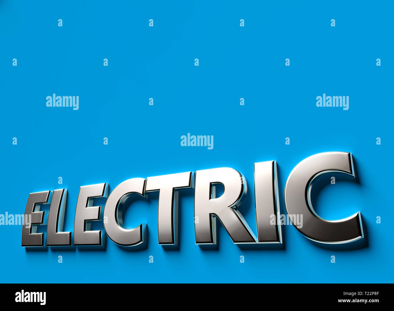 Elektrische Wort wie 3D-sign oder Logo Konzept auf blauem Untergrund mit Kopie Raum darüber. Neue elektrische Technologien Konzept. 3D-Rendering Stockfoto