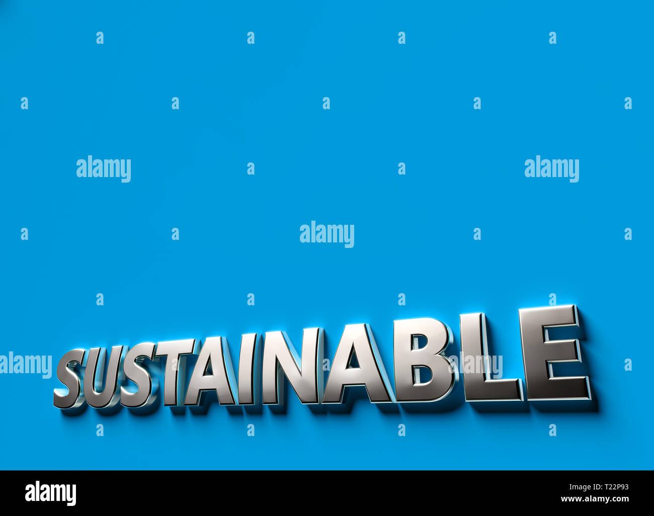 Nachhaltige Wort wie 3D-sign oder Logo Konzept auf blauem Untergrund mit Kopie Raum darüber. Neuer nachhaltiger Technologien Konzept. 3D-Rendering Stockfoto