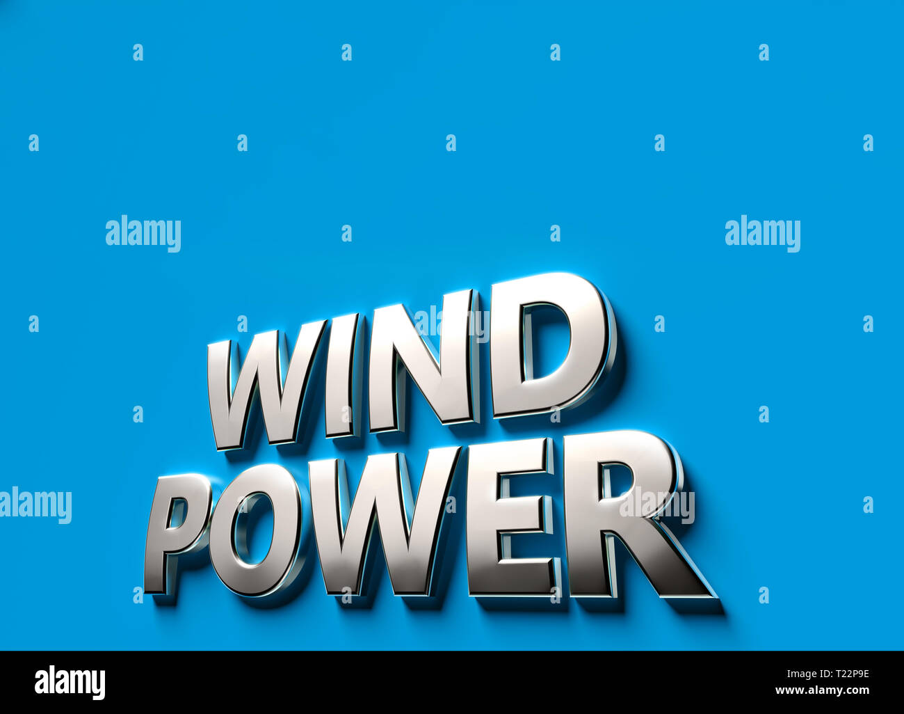 Windenergie Worte wie 3-D-SIGN oder Logo Konzept auf blauem Untergrund mit Kopie Raum darüber. Neuer Wind angetrieben Technologien Konzept. 3D-Rendering Stockfoto