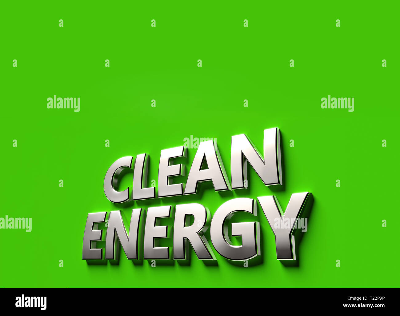 Saubere Energie Kraftstoff Worte wie 3-D-SIGN oder Logo Konzept auf grünem Untergrund mit Kopie Raum darüber. Neue Technologien für saubere Energie Konzept. 3D renderi Stockfoto