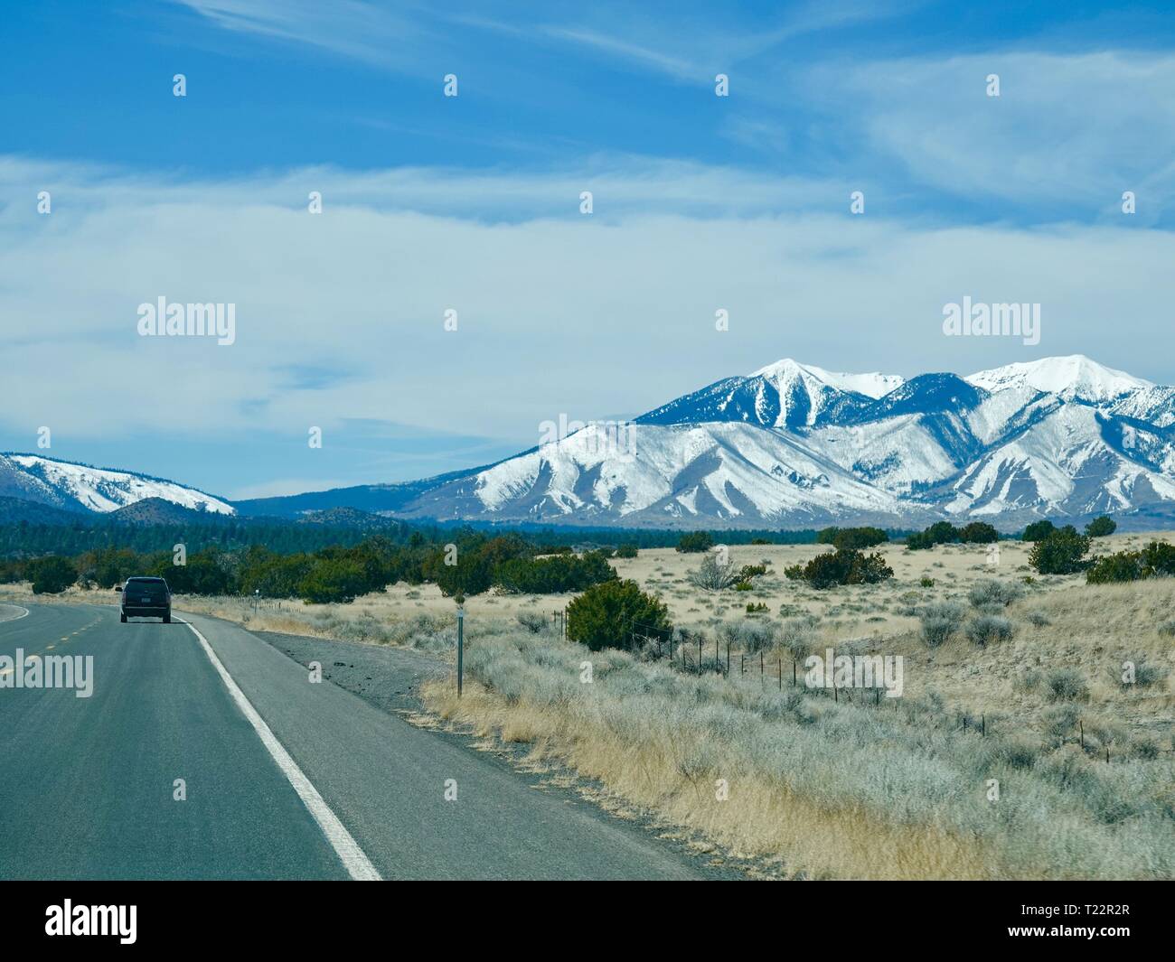 Leupp Straße, Coconino National Forest, mit schneebedeckten San Francisco Peaks Bergen im Hintergrund, Flagstaff, Arizona, USA Stockfoto