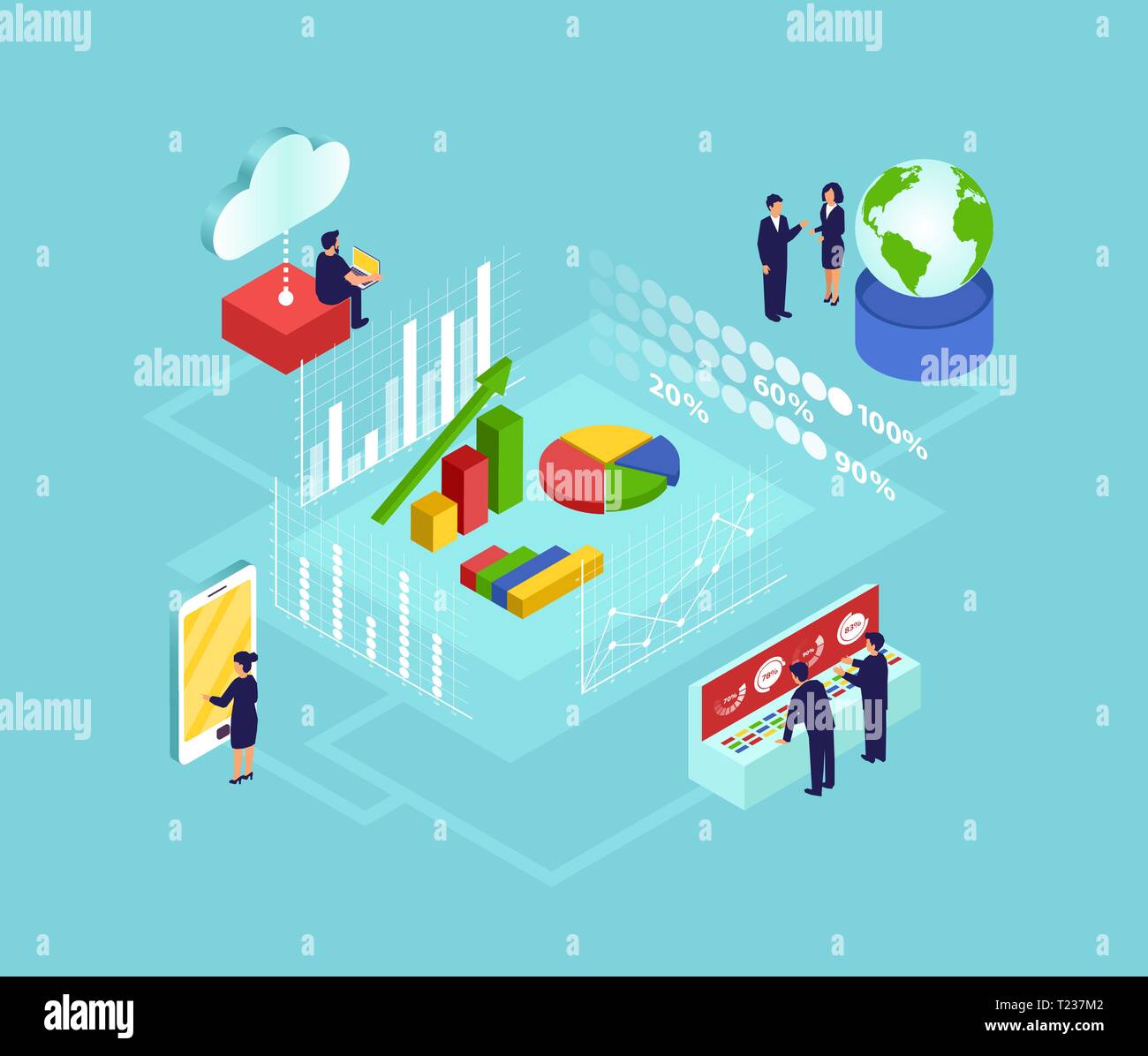 Datenanalyse Visualisierung und moderne Technik Konzept. Der Vektor der Geschäftsleute mit modernen Gadgets und die Analyse von statistischen Daten. Stock Vektor
